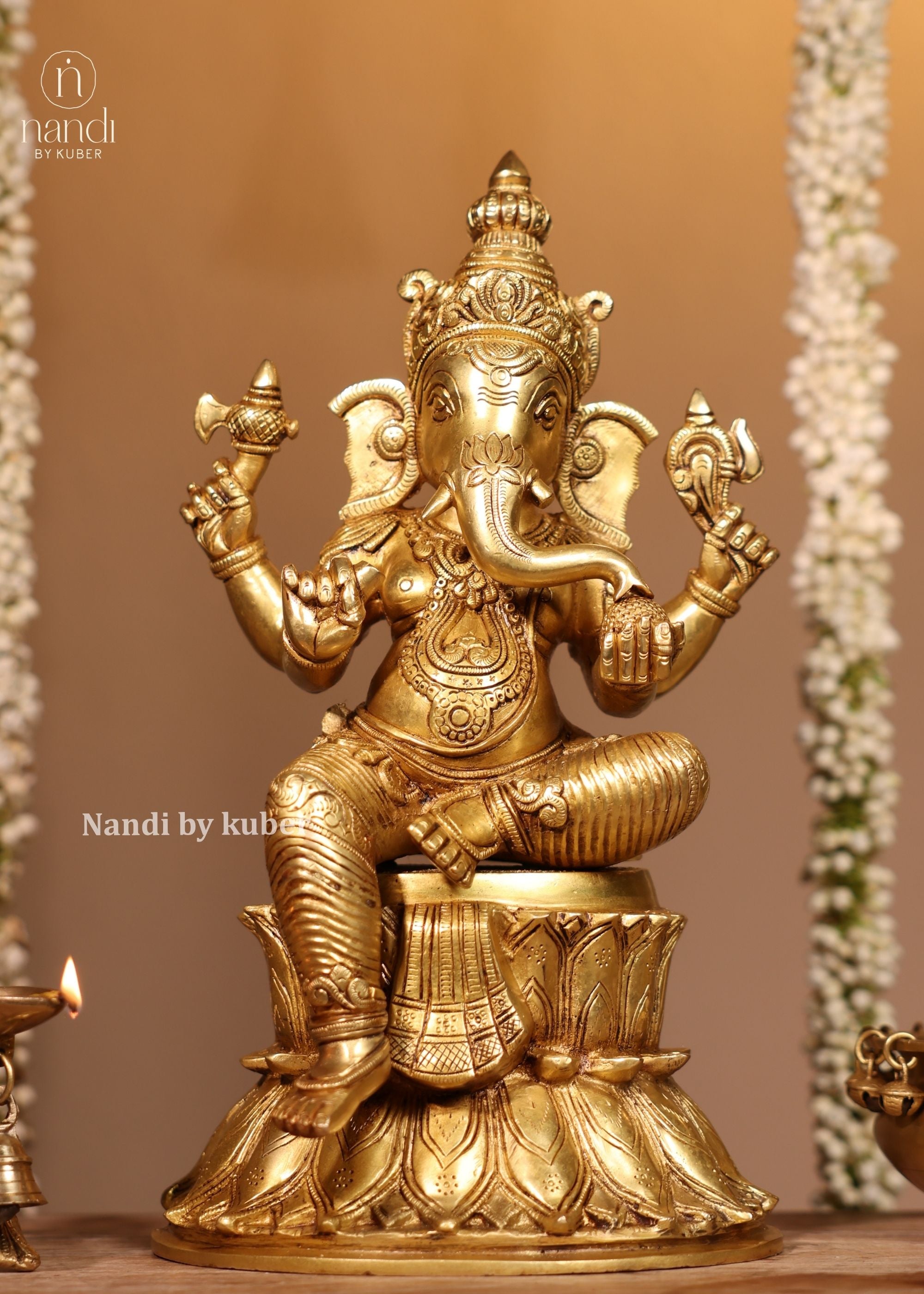 Brass Ganesha Sitting On Lotus - side view