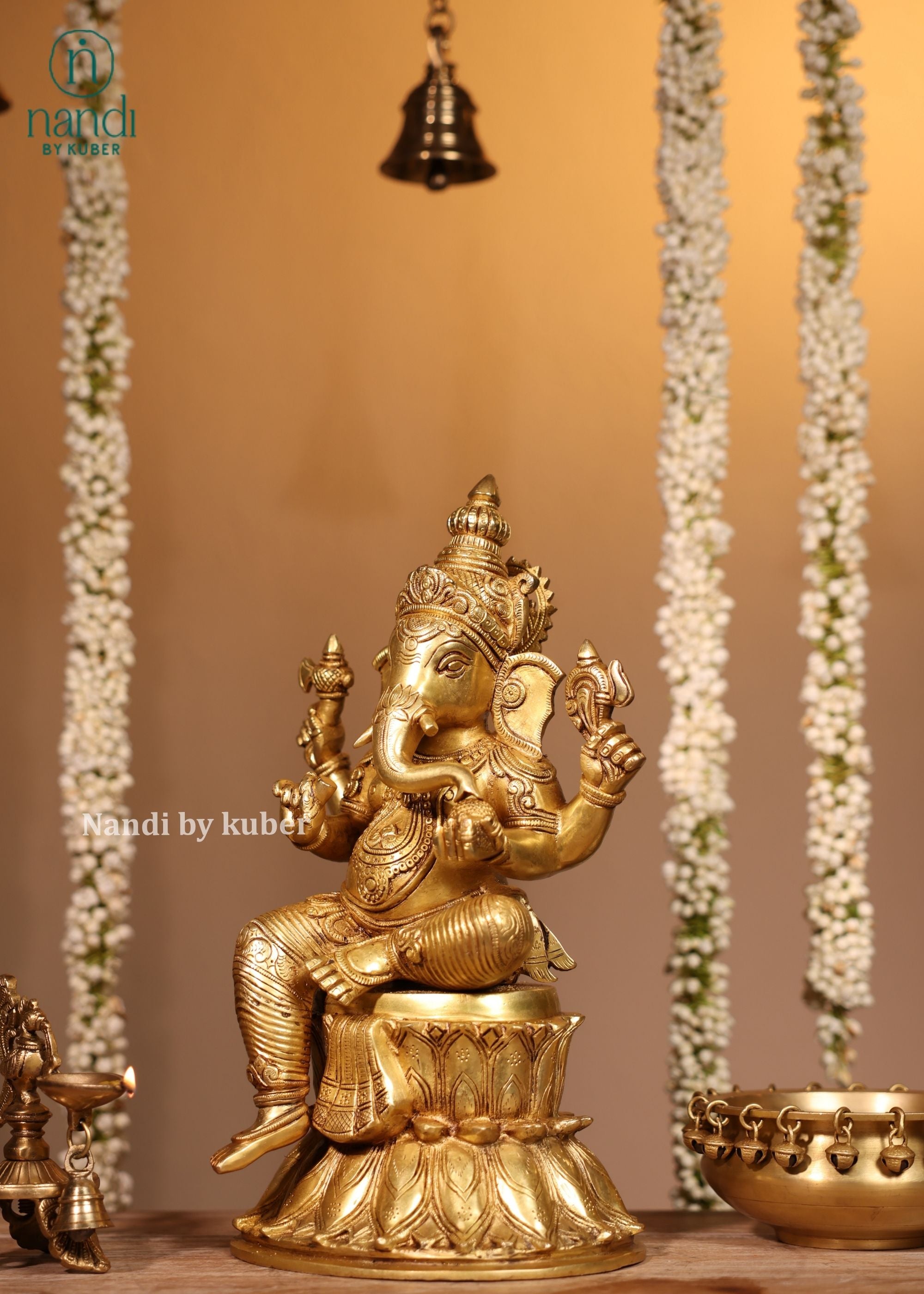 Brass Ganesha Sitting On Lotus - detail view