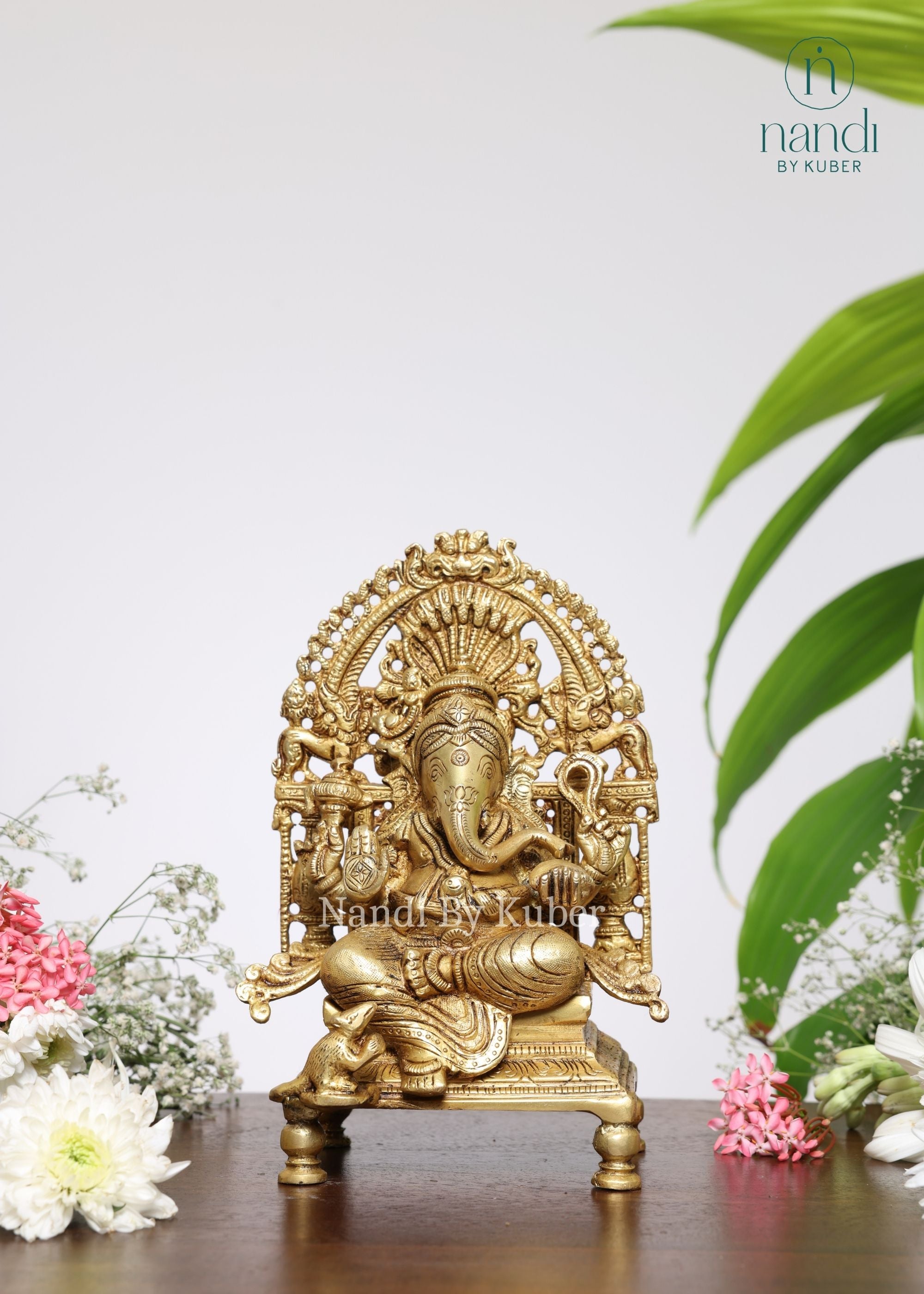 Brass Ganesha Sitting On Sinhasan - side view