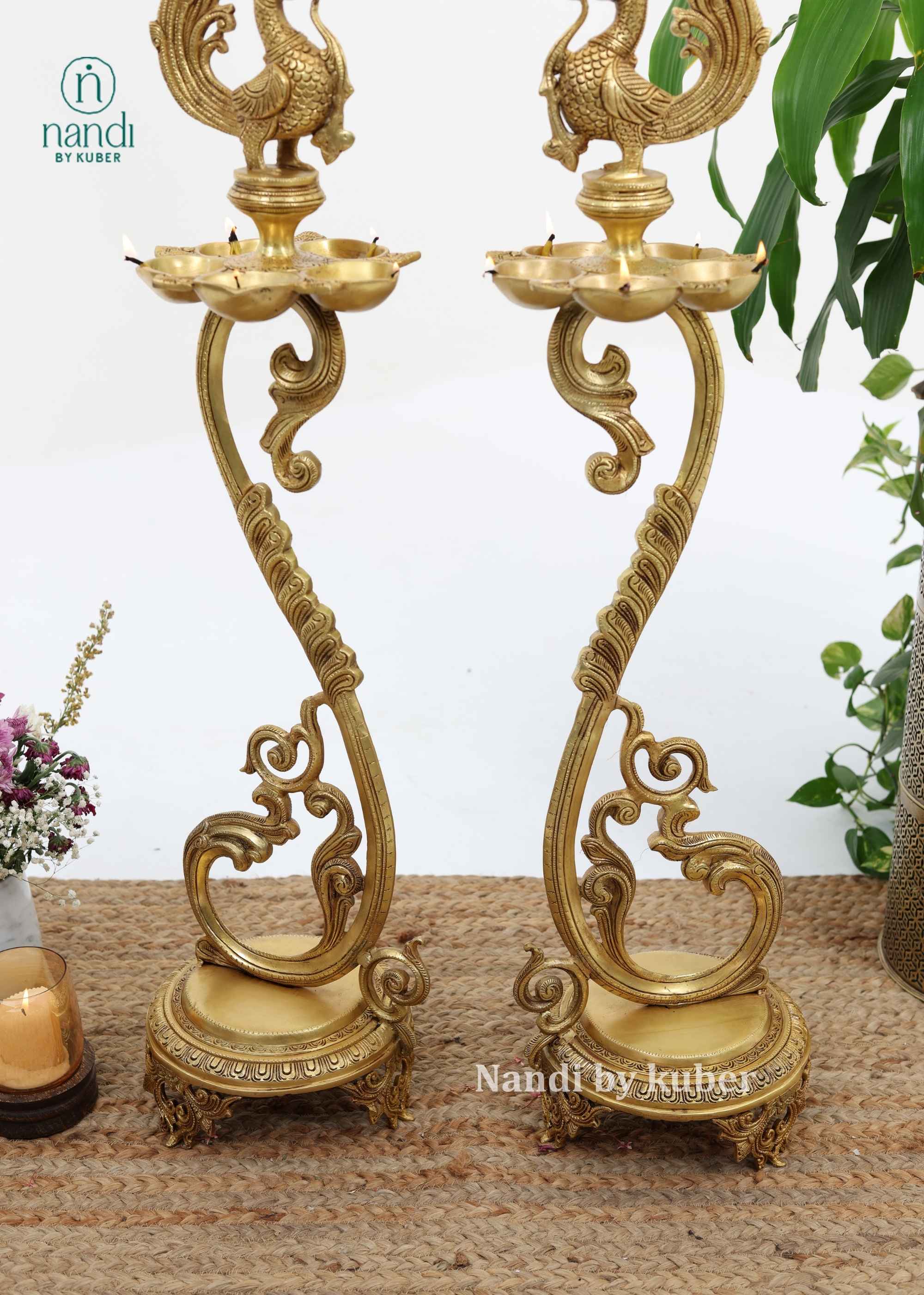Brass Annam 5 Diya Lamp - side view