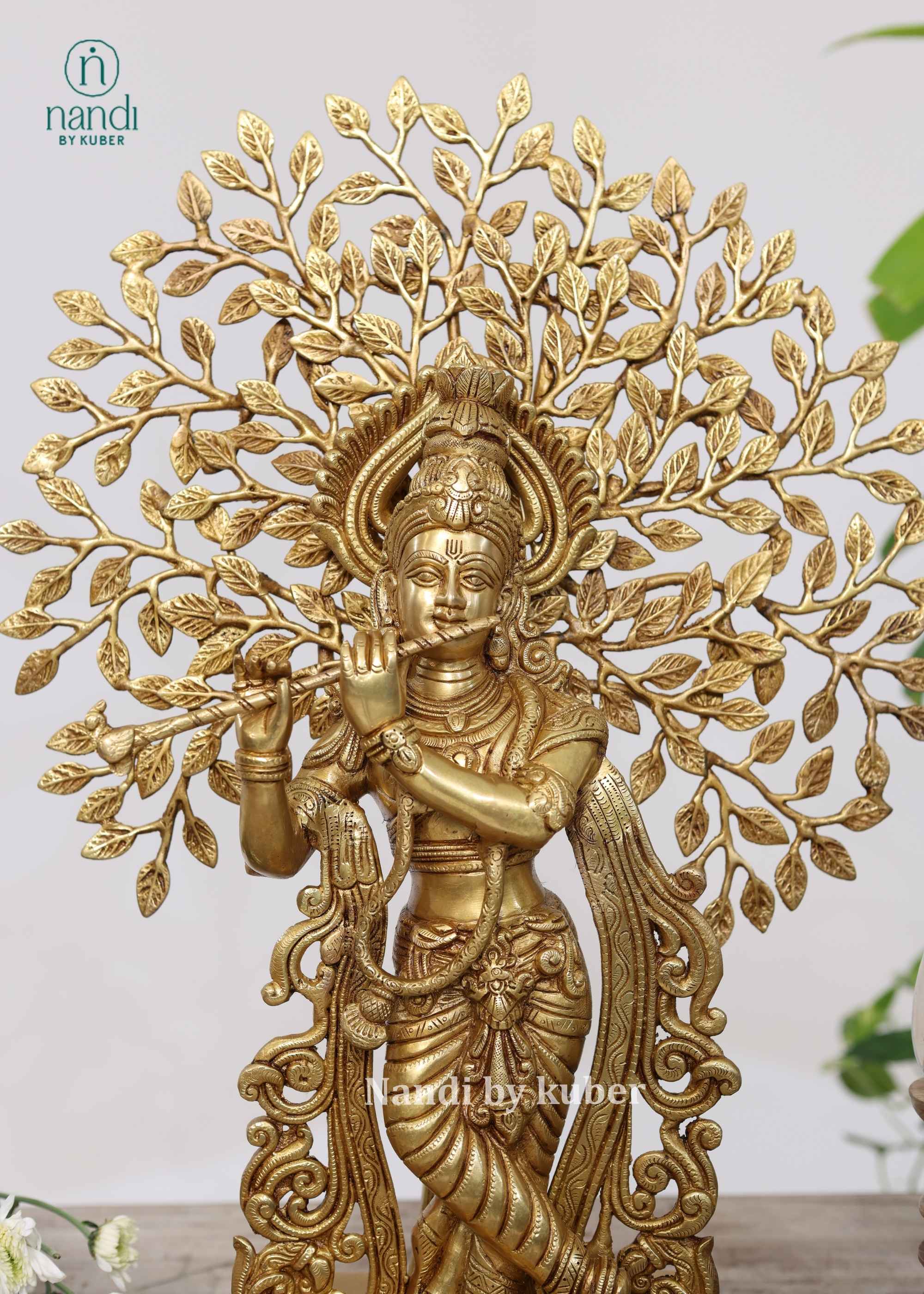 Brass Krishna Under Tree Yellow Gold - front view
