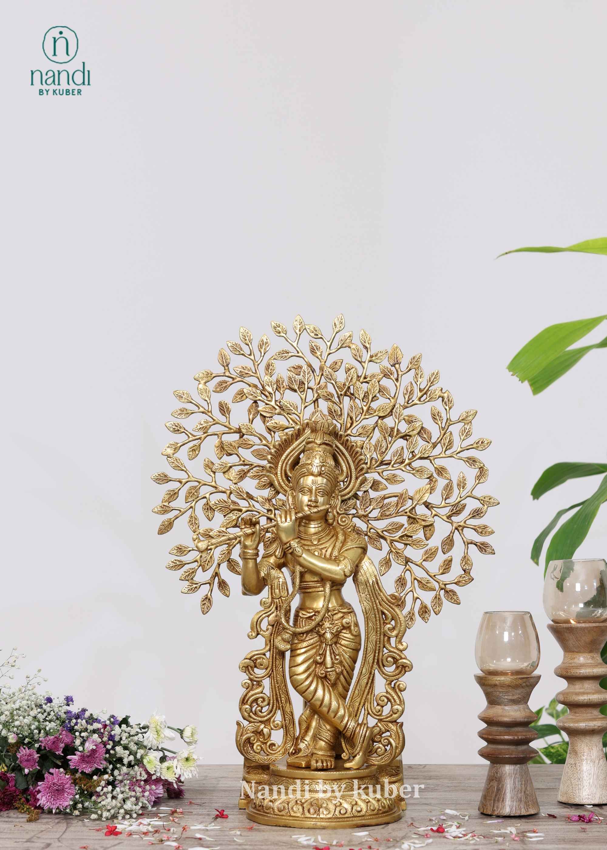 Brass Krishna Under Tree Yellow Gold - side view