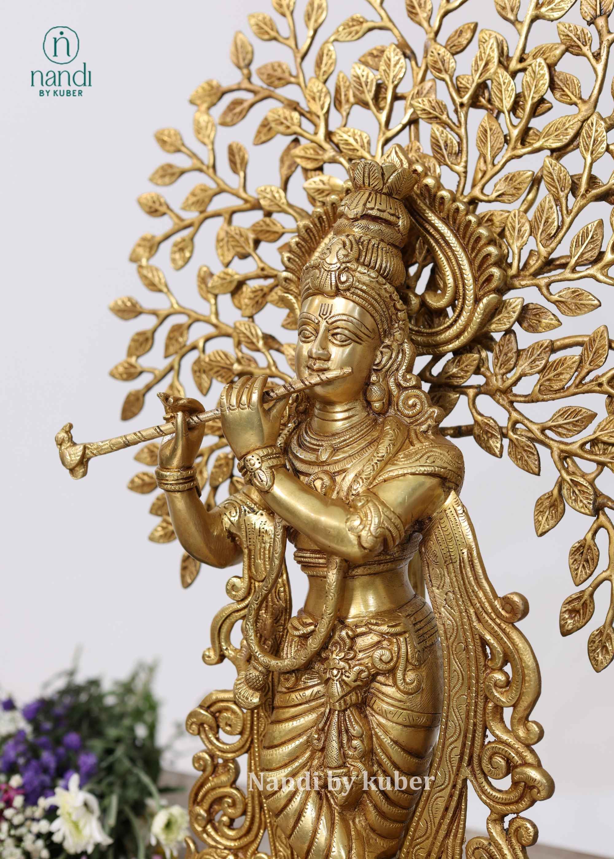 Brass Krishna Under Tree Yellow Gold - detail view