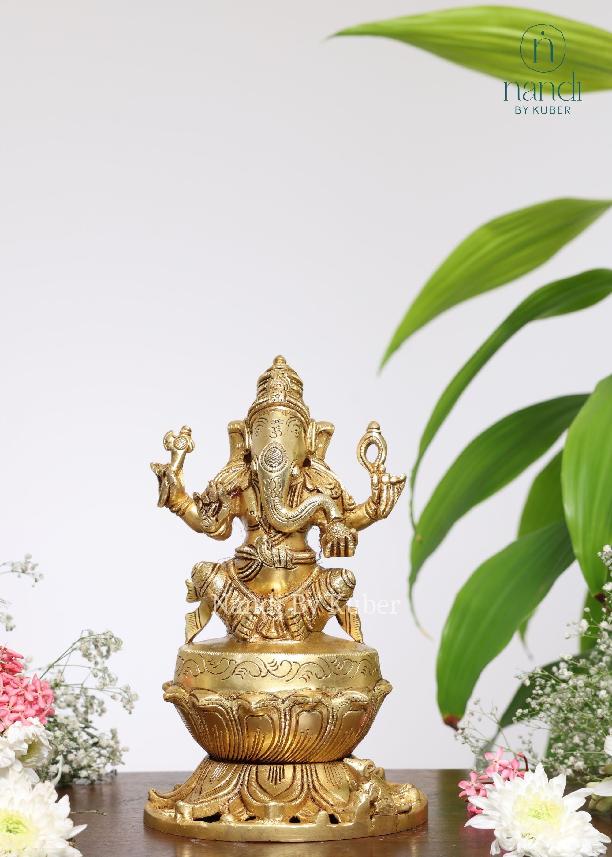 Brass Ganesha Sitting On Lotus Base - front view