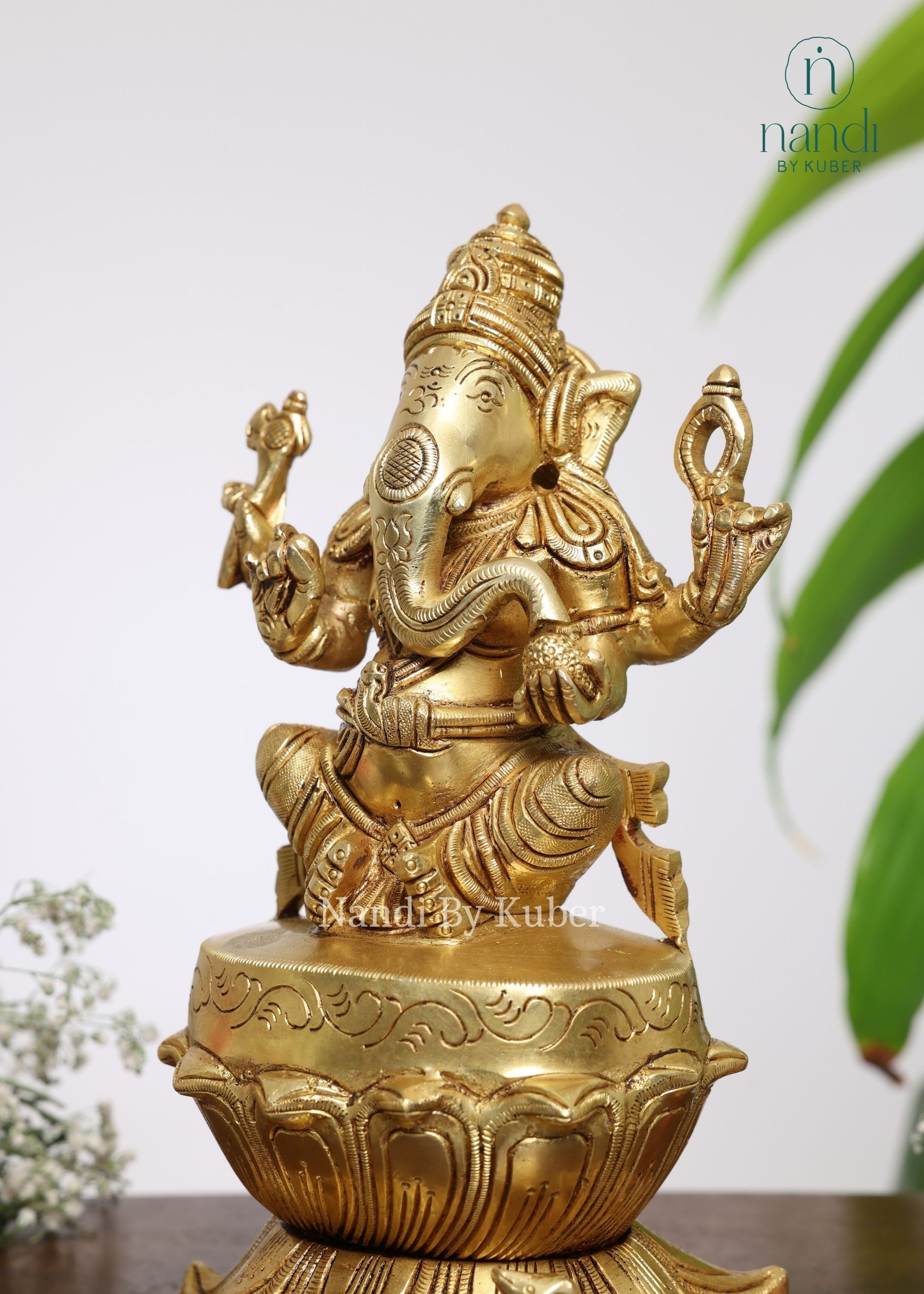 Brass Ganesha Sitting On Lotus Base - detail view