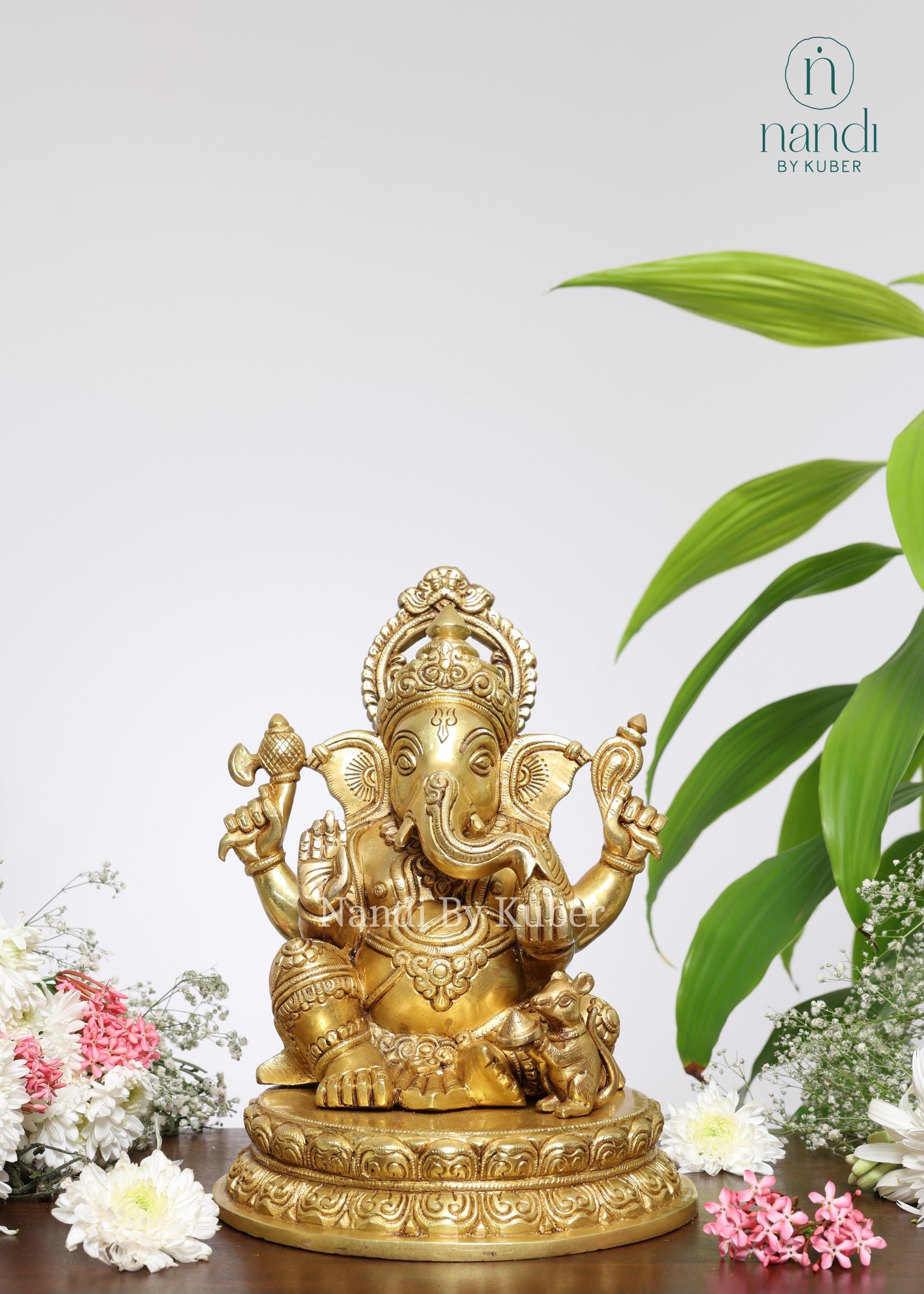 Brass Ganesh Sitting on Base - front view