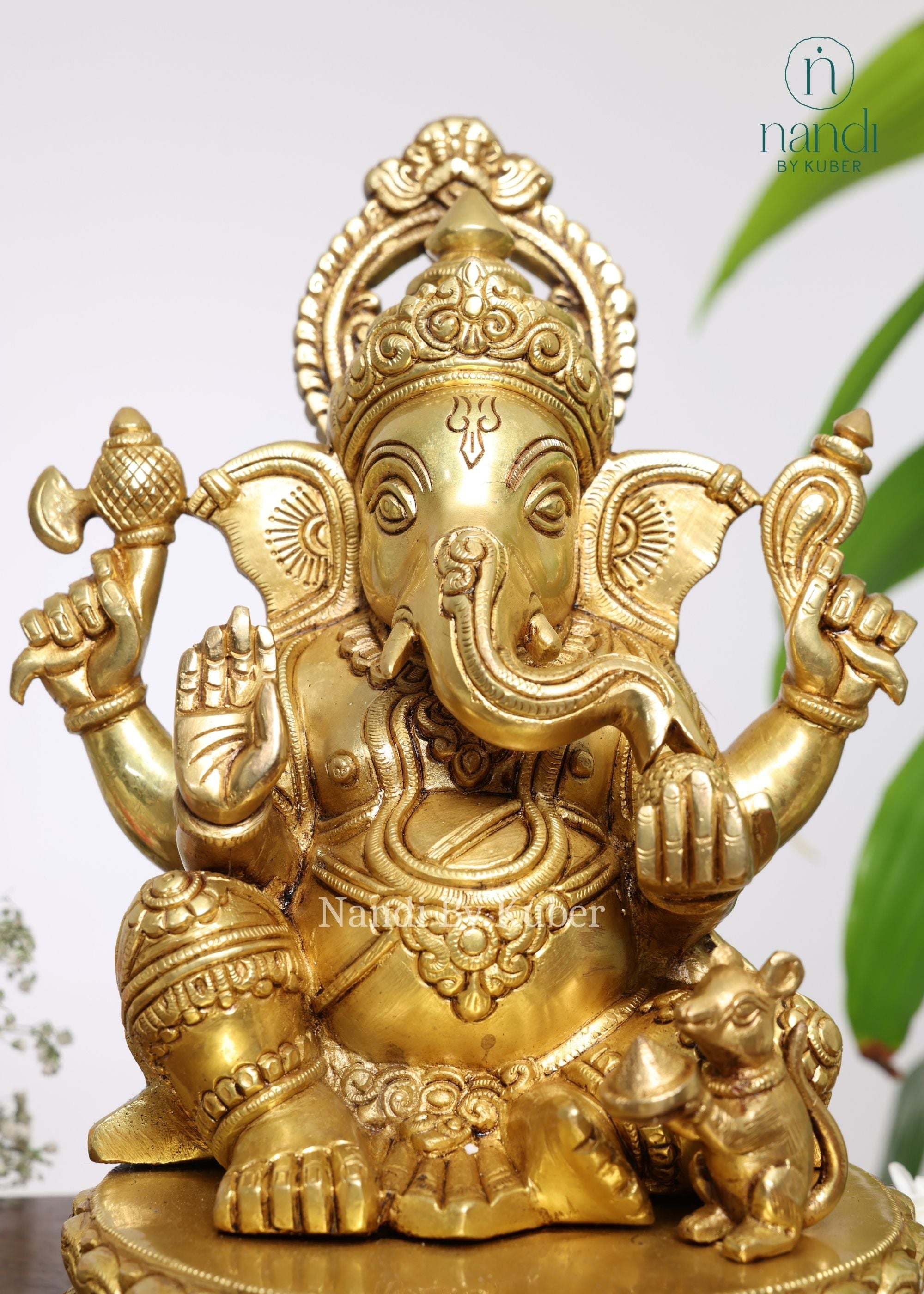 Brass Ganesh Sitting on Base - side view