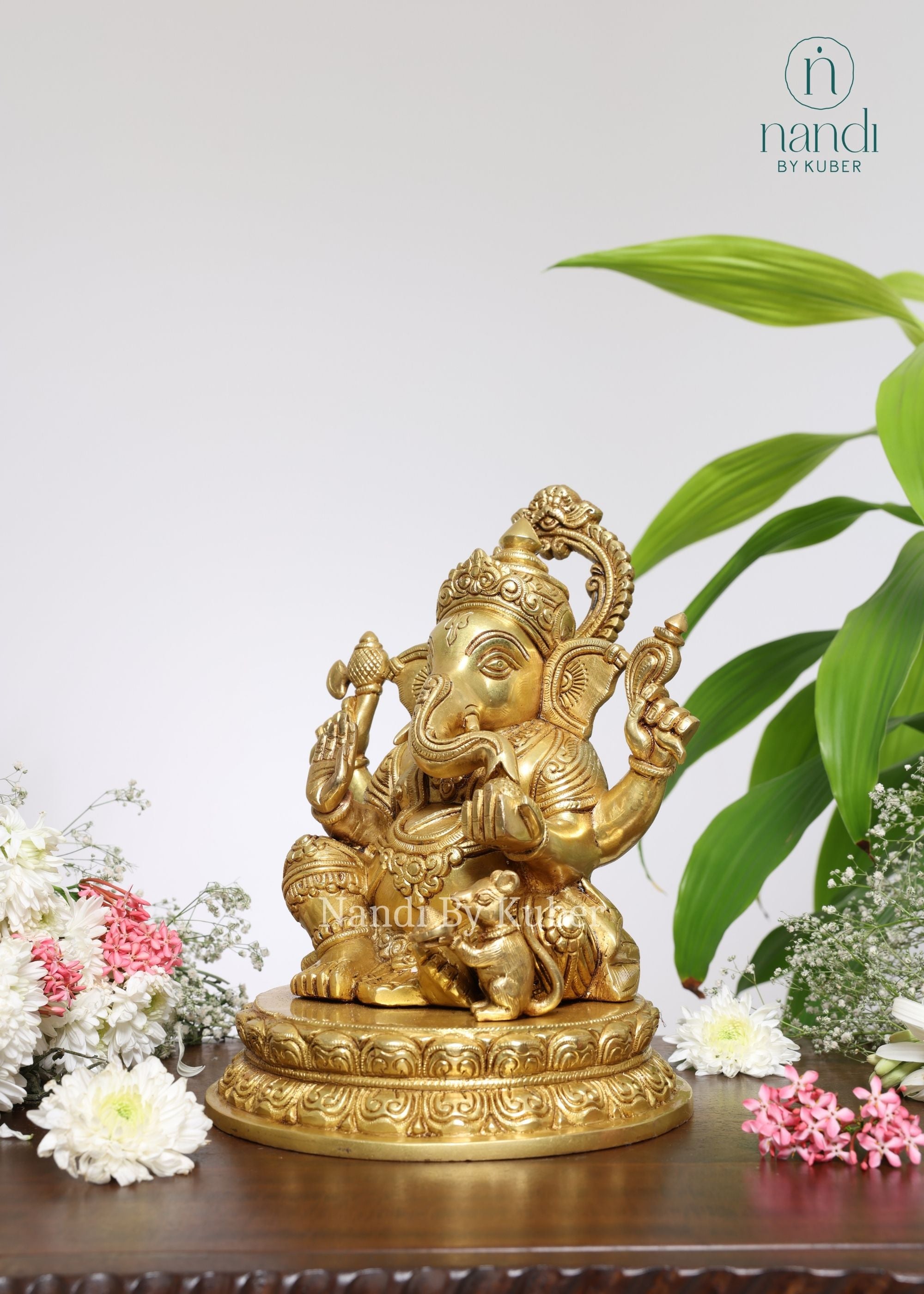Brass Ganesh Sitting on Base - detail view