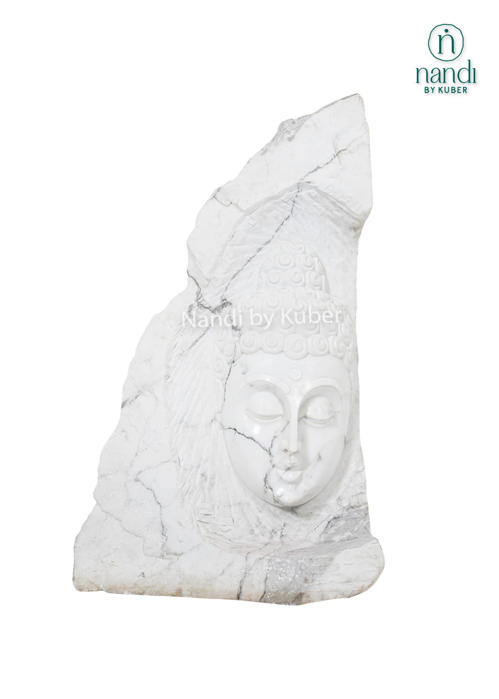 Natural raw white marble Buddha face sculpture with handcrafted detailing and an unfinished stone design for luxury home décor.