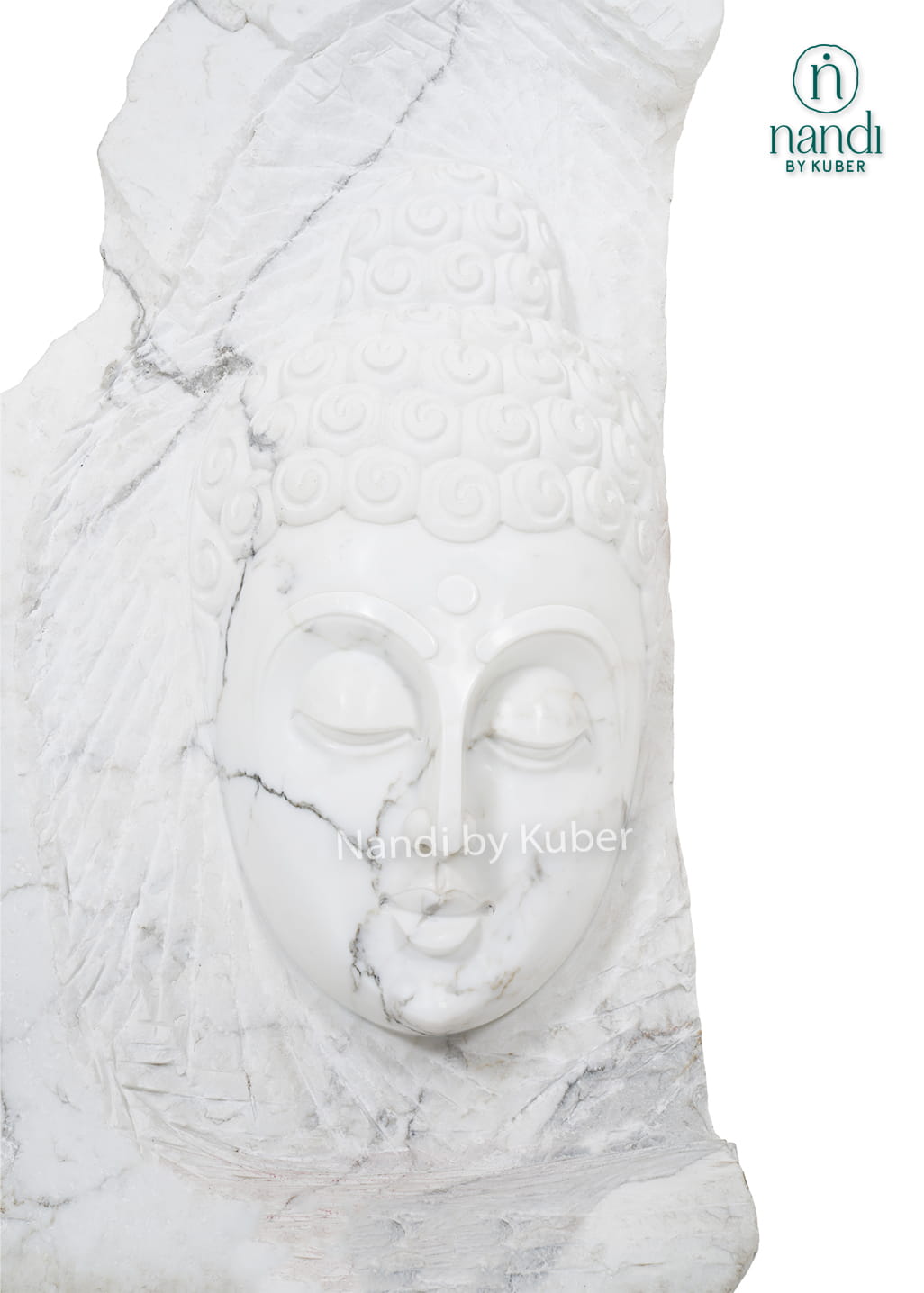 Natural raw white marble Buddha face sculpture with handcrafted detailing and an unfinished stone design for luxury home décor.