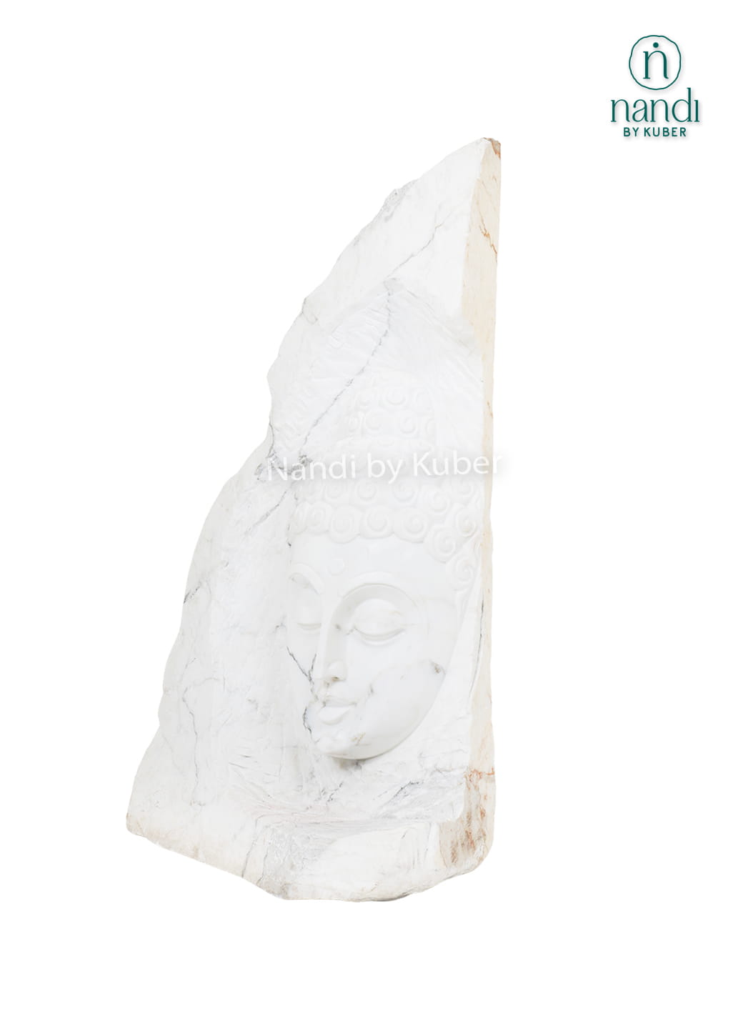 Natural raw white marble Buddha face sculpture with handcrafted detailing and an unfinished stone design for luxury home décor.