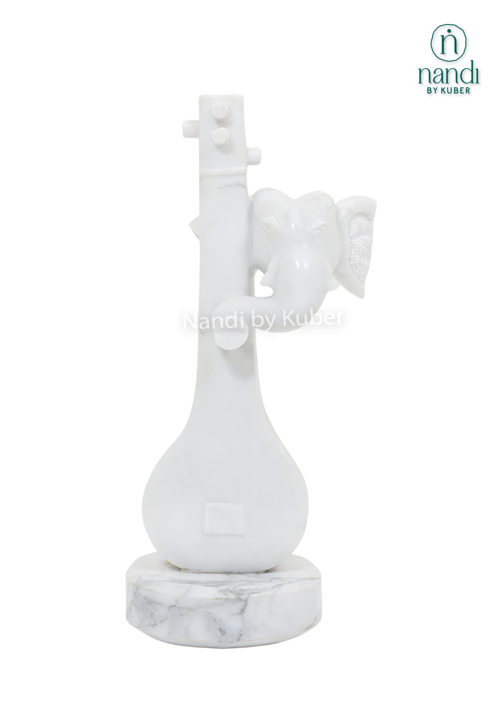 Modern white marble Veena Ganesha statue featuring an abstract musical design and handcrafted detailing for luxury home décor.