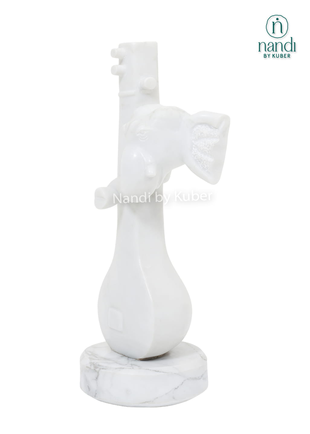 Modern white marble Veena Ganesha statue featuring an abstract musical design and handcrafted detailing for luxury home décor.