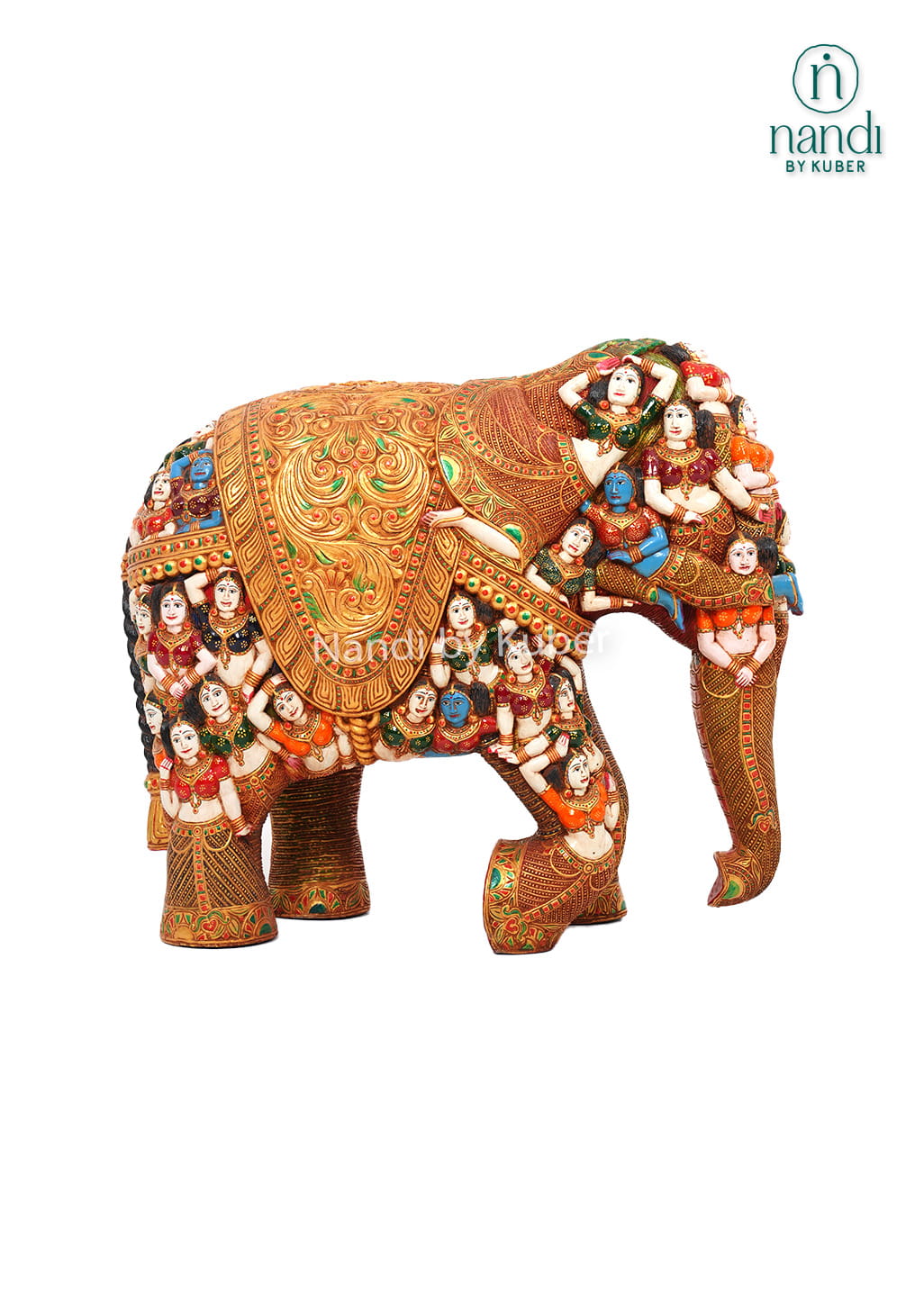 Decorative wooden elephant with trunk down, featuring intricate hand-painted figures, embossed carvings, and vibrant traditional artwork.