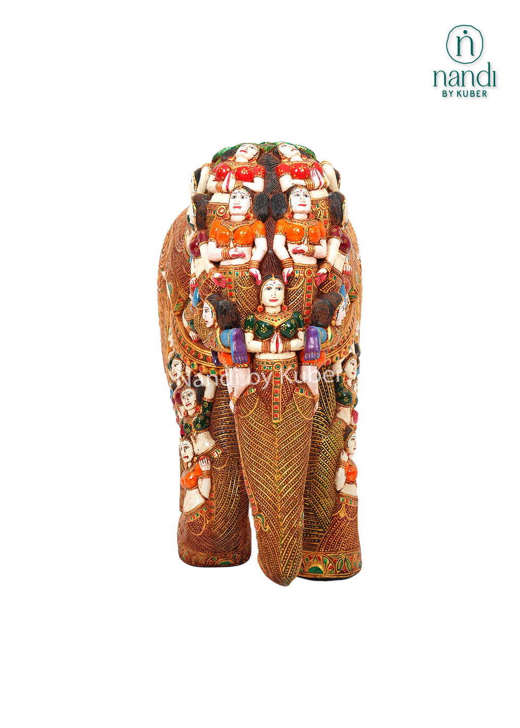 Decorative wooden elephant with trunk down, featuring intricate hand-painted figures, embossed carvings, and vibrant traditional artwork.