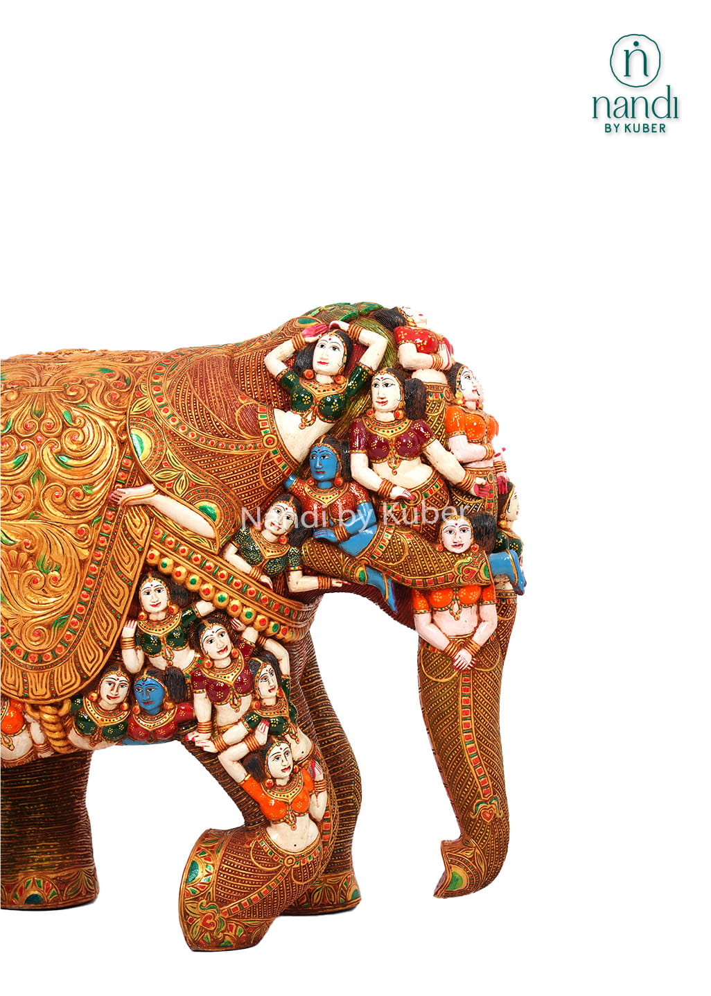 Decorative wooden elephant with trunk down, featuring intricate hand-painted figures, embossed carvings, and vibrant traditional artwork.