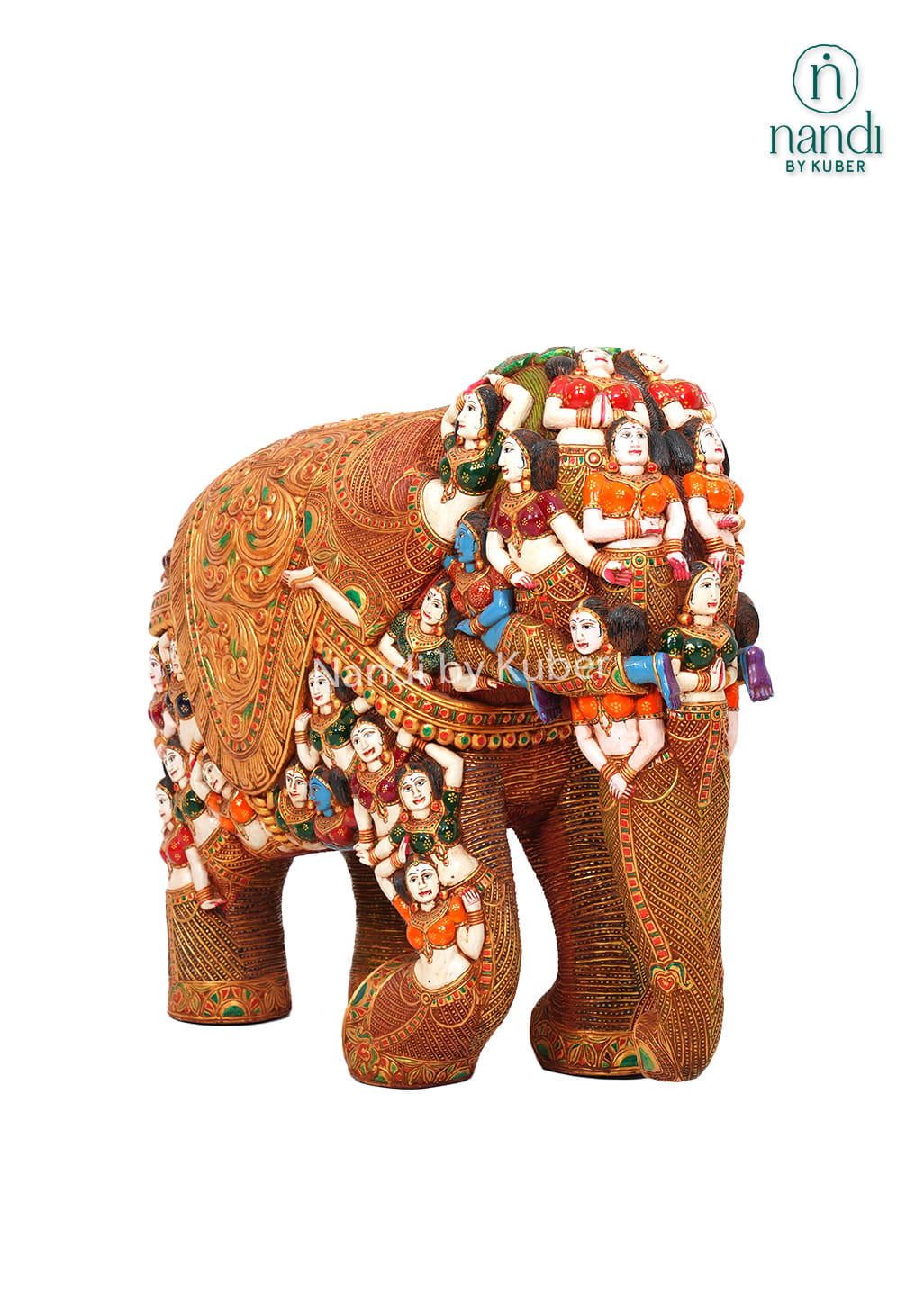 Decorative wooden elephant with trunk down, featuring intricate hand-painted figures, embossed carvings, and vibrant traditional artwork.