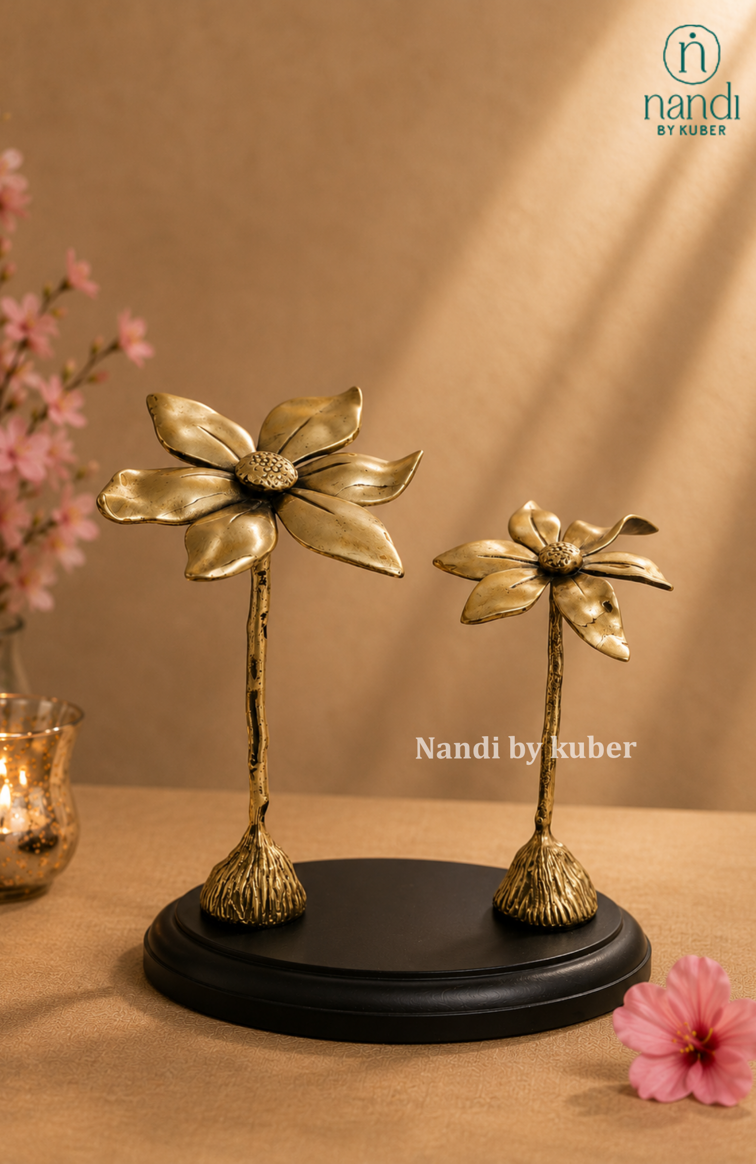 Brass Two Flower with Wood Base