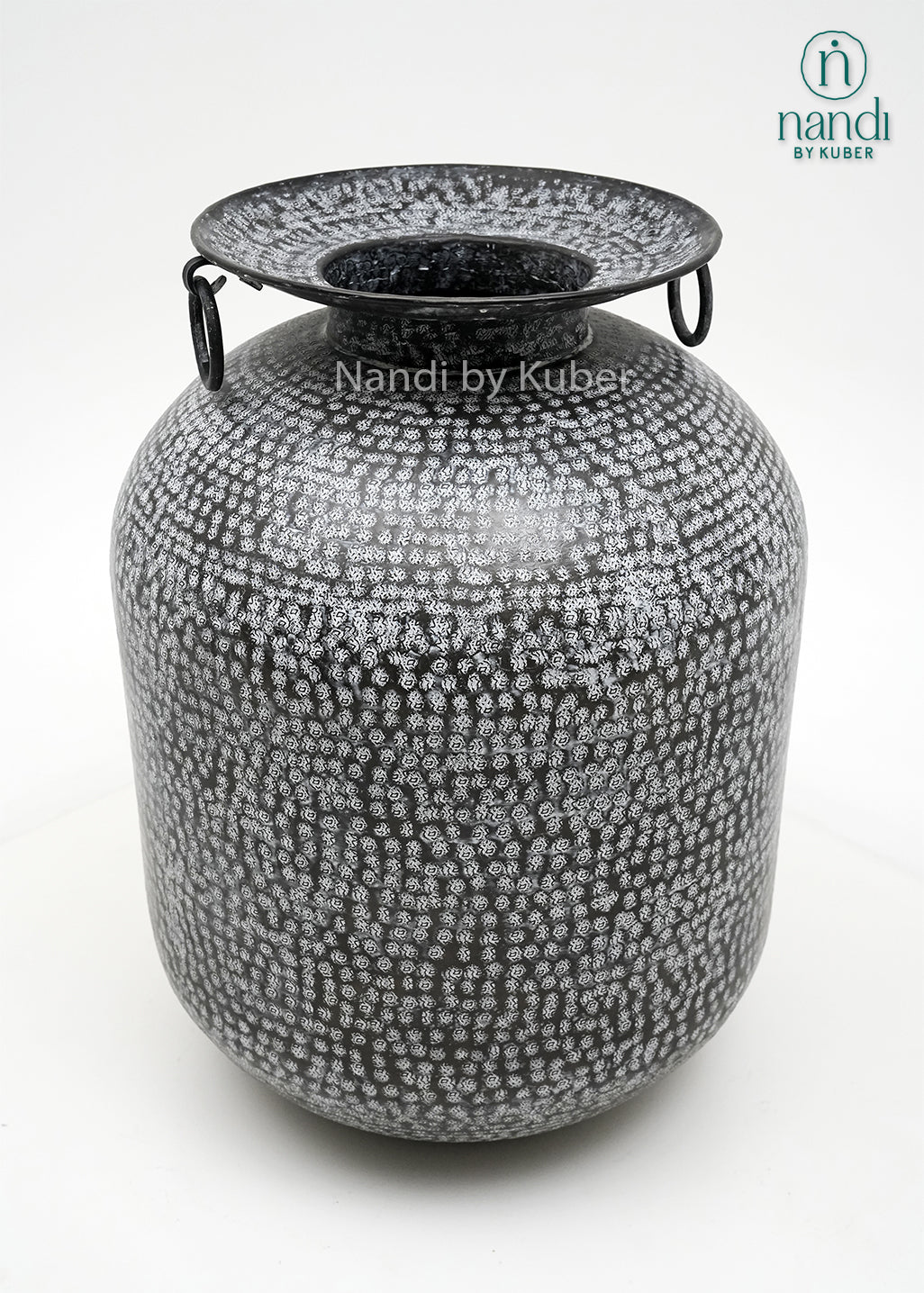 Decorative hammered aluminium planter vase with an antique smoke finish, perfect for displaying plants and enhancing modern or rustic interiors.