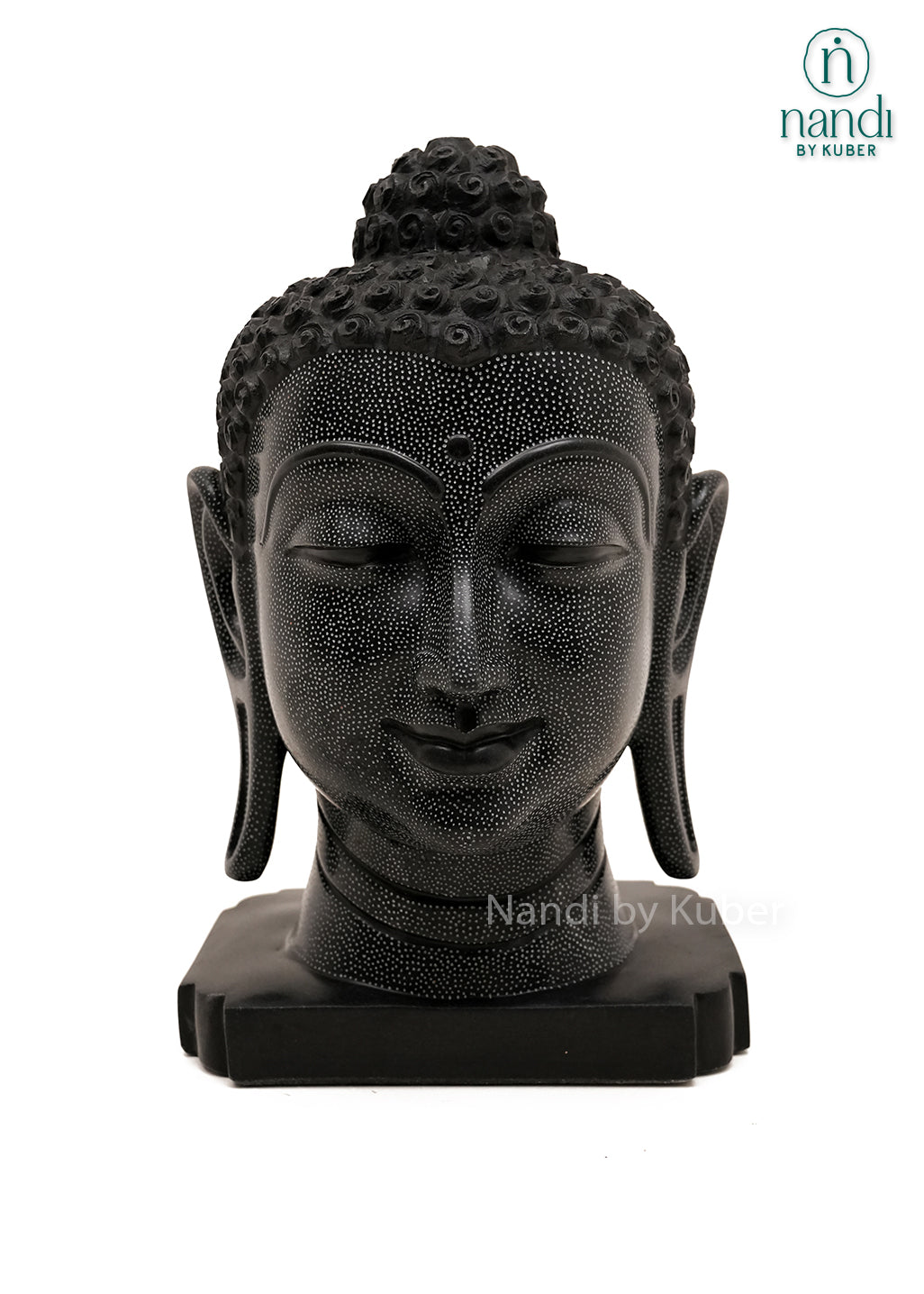 Handcrafted black marble Buddha head statue with peaceful meditative expression, intricate carved detailing, and elegant black finish, ideal for home décor, meditation spaces, spiritual interiors, and gifting.