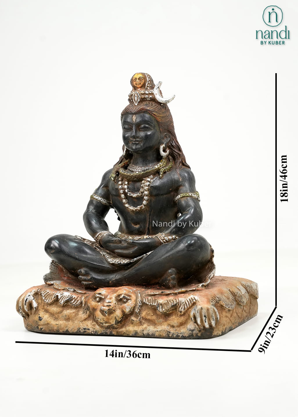 Black marble-style Lord Shiva statue in a meditative pose with detailed ornaments and an intricately crafted decorative base.