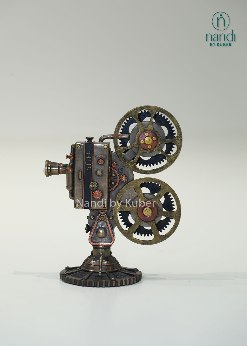 Vintage movie projector replica with bronze finish, retro film camera décor, collectible cinema-themed showpiece for home, office, media rooms, shelves, and gifting.