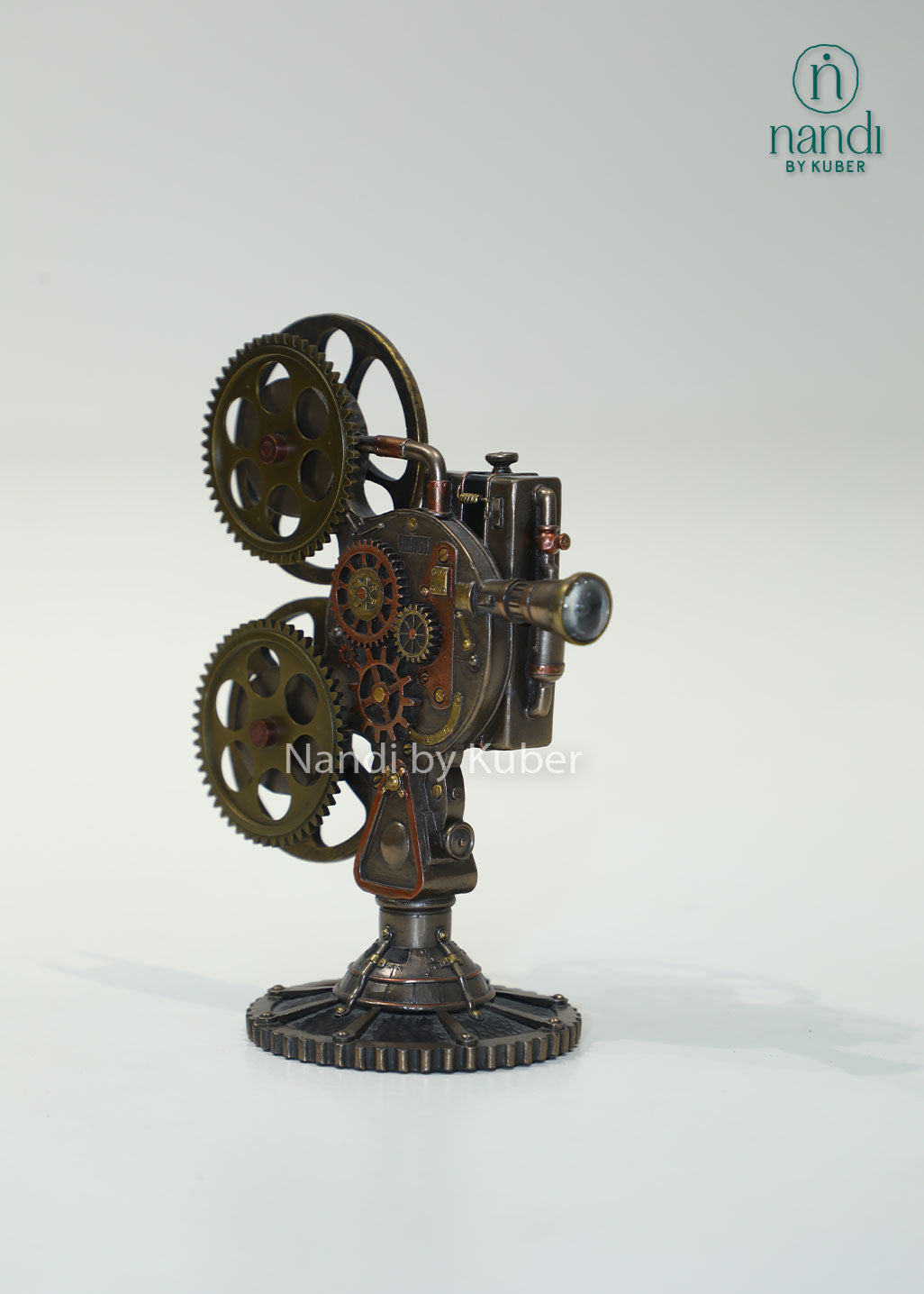 Vintage movie projector replica with bronze finish, retro film camera décor, collectible cinema-themed showpiece for home, office, media rooms, shelves, and gifting.