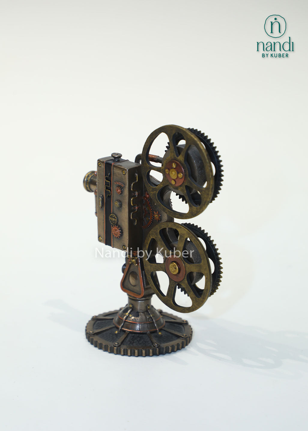Vintage movie projector replica with bronze finish, retro film camera décor, collectible cinema-themed showpiece for home, office, media rooms, shelves, and gifting.
