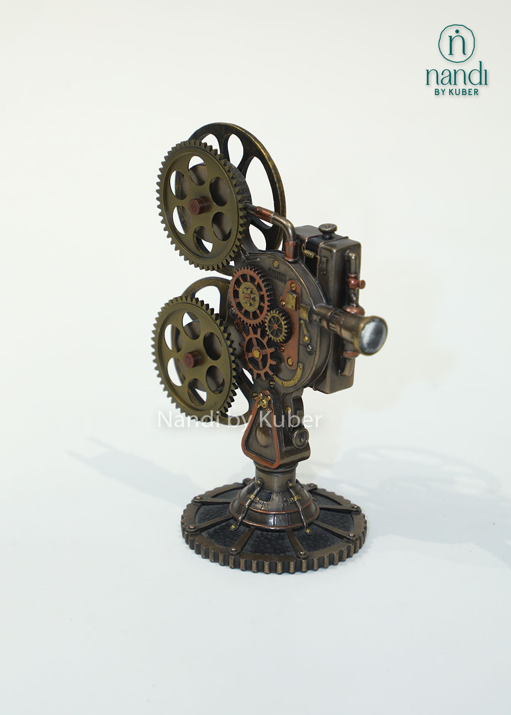 Vintage movie projector replica with bronze finish, retro film camera décor, collectible cinema-themed showpiece for home, office, media rooms, shelves, and gifting.