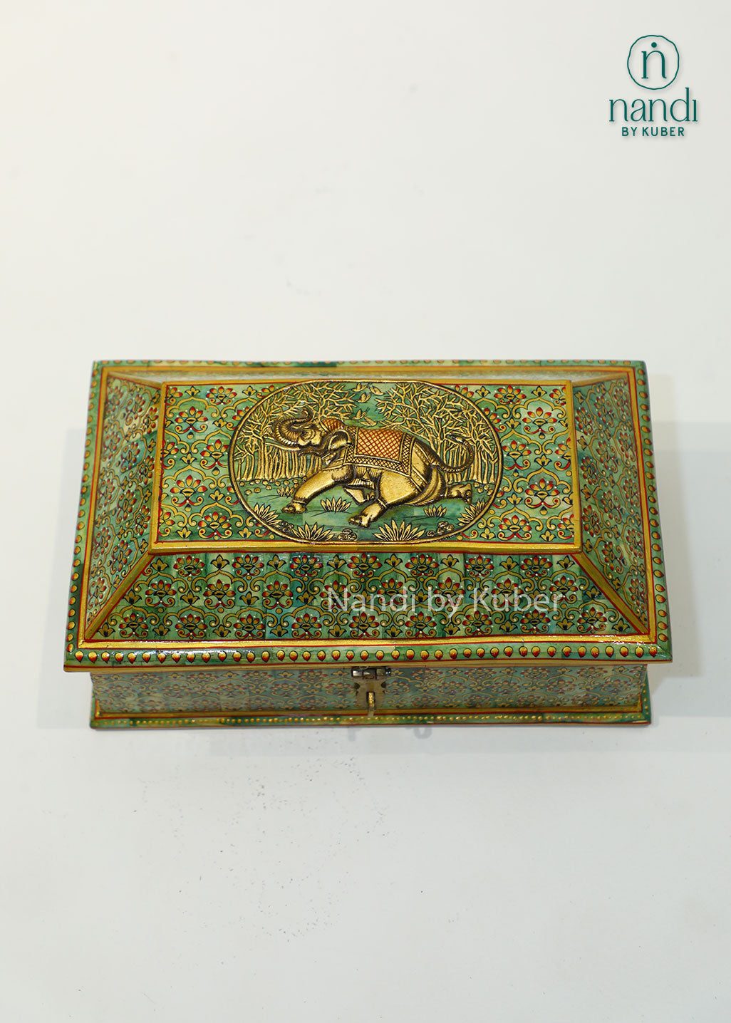 Decorative embossed jewelry box with elephant design, handcrafted keepsake storage box for trinkets, accessories, gifting, home décor, dresser organization, and traditional Indian craftsmanship.
