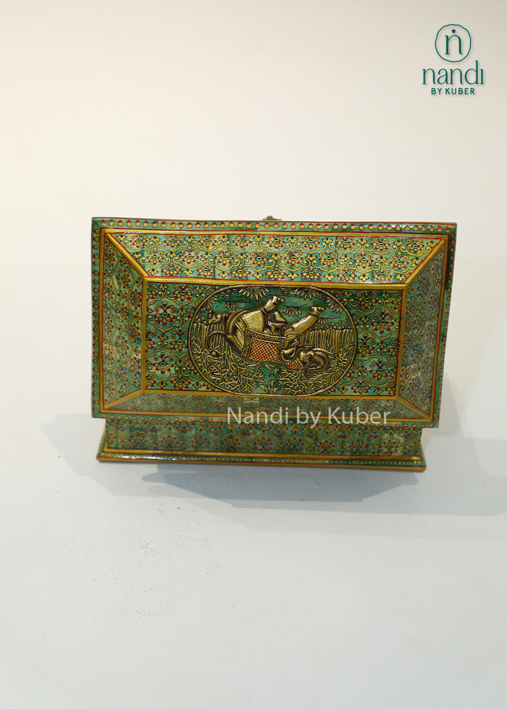 Decorative embossed jewelry box with elephant design, handcrafted keepsake storage box for trinkets, accessories, gifting, home décor, dresser organization, and traditional Indian craftsmanship.