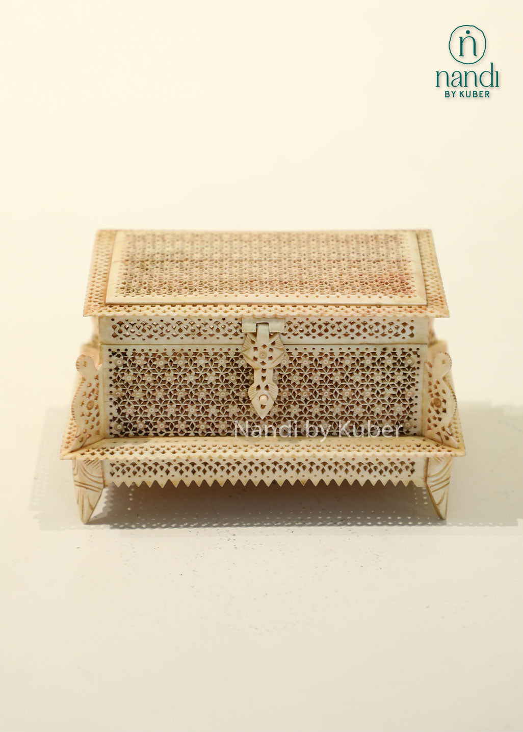 Decorative bone inlay jali box with carved lattice pattern and tray, handcrafted antique finish storage box for jewelry, keepsakes, home décor, and gifting.