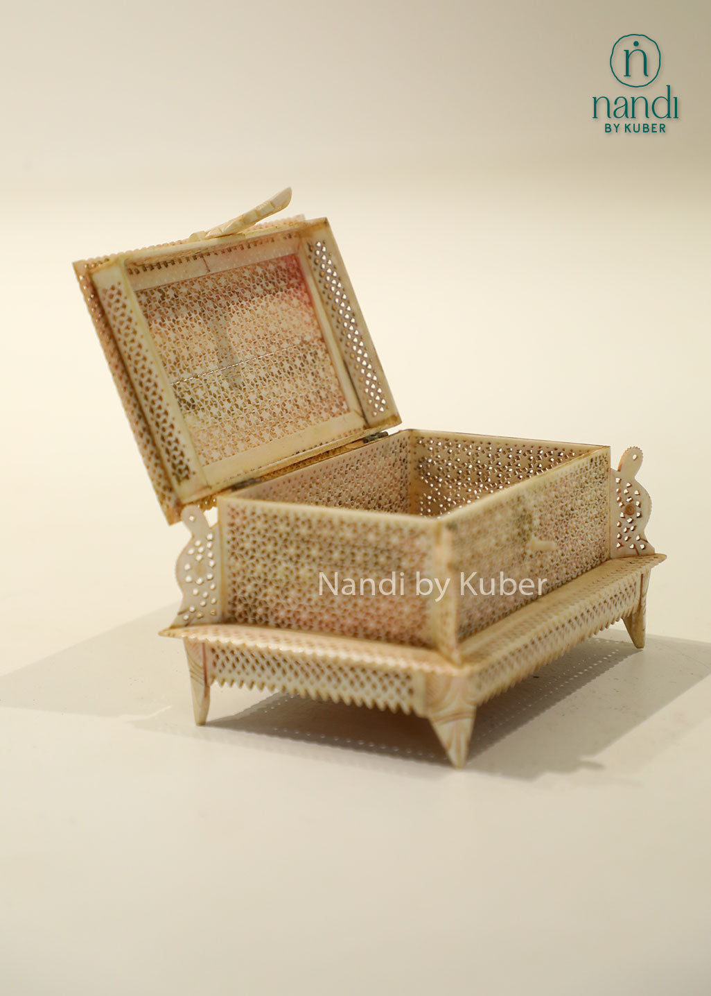 Decorative bone inlay jali box with carved lattice pattern and tray, handcrafted antique finish storage box for jewelry, keepsakes, home décor, and gifting.