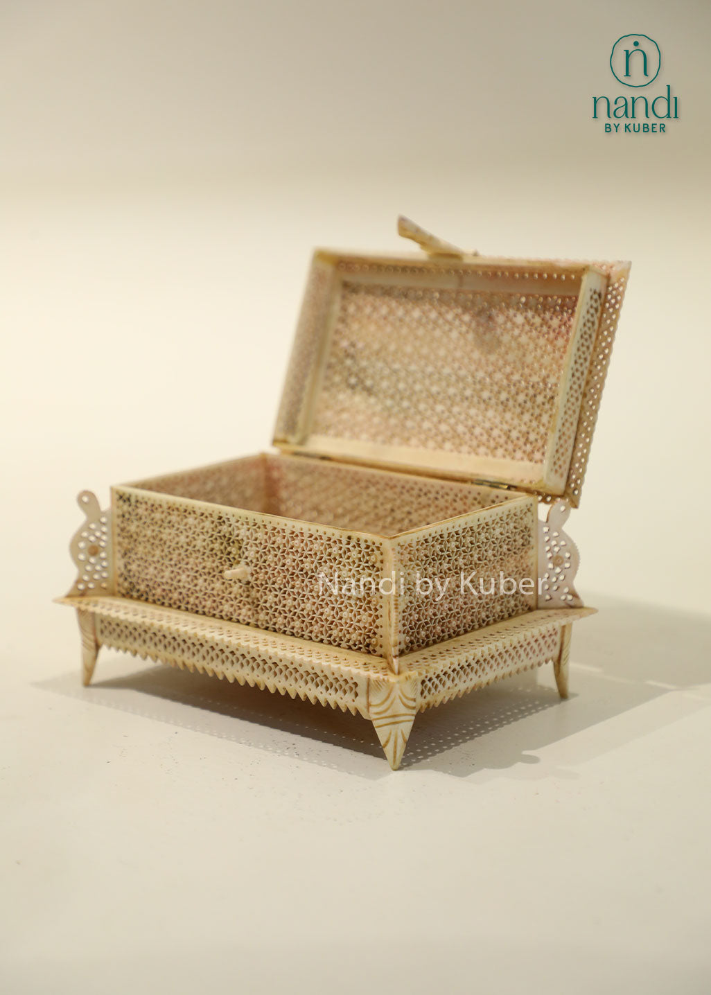 Decorative bone inlay jali box with carved lattice pattern and tray, handcrafted antique finish storage box for jewelry, keepsakes, home décor, and gifting.