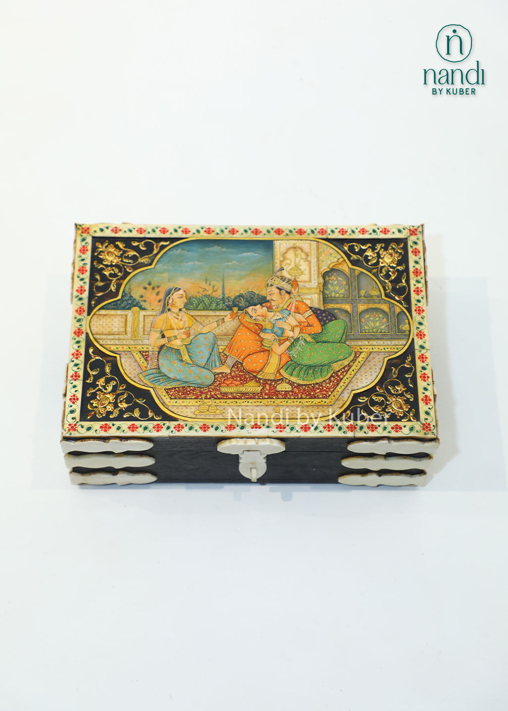 Decorative miniature painting jewelry box, handcrafted storage box with royal couple artwork for jewelry, trinkets, keepsakes, gifting, home décor, and traditional Indian craftsmanship.