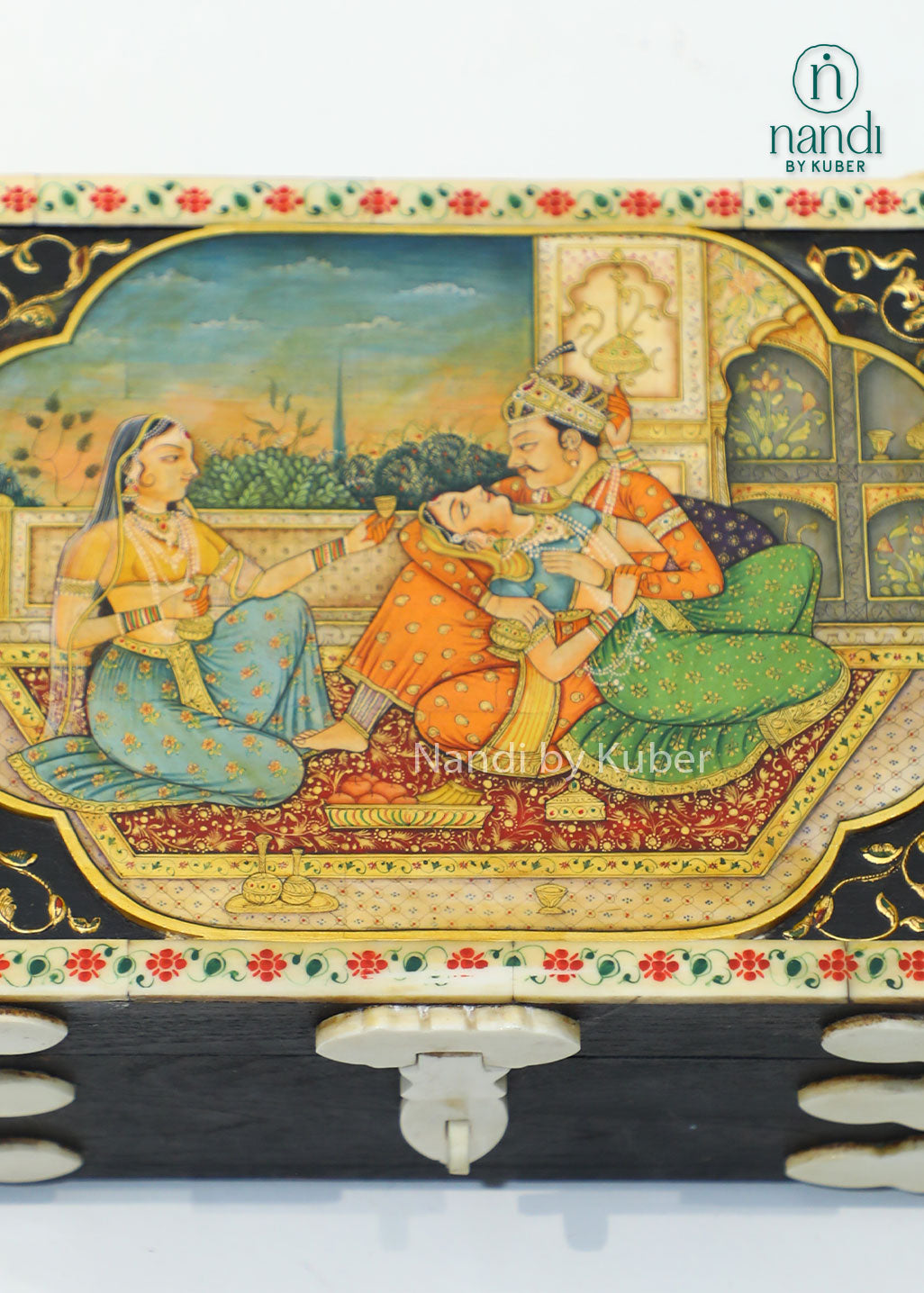 Decorative miniature painting jewelry box, handcrafted storage box with royal couple artwork for jewelry, trinkets, keepsakes, gifting, home décor, and traditional Indian craftsmanship.