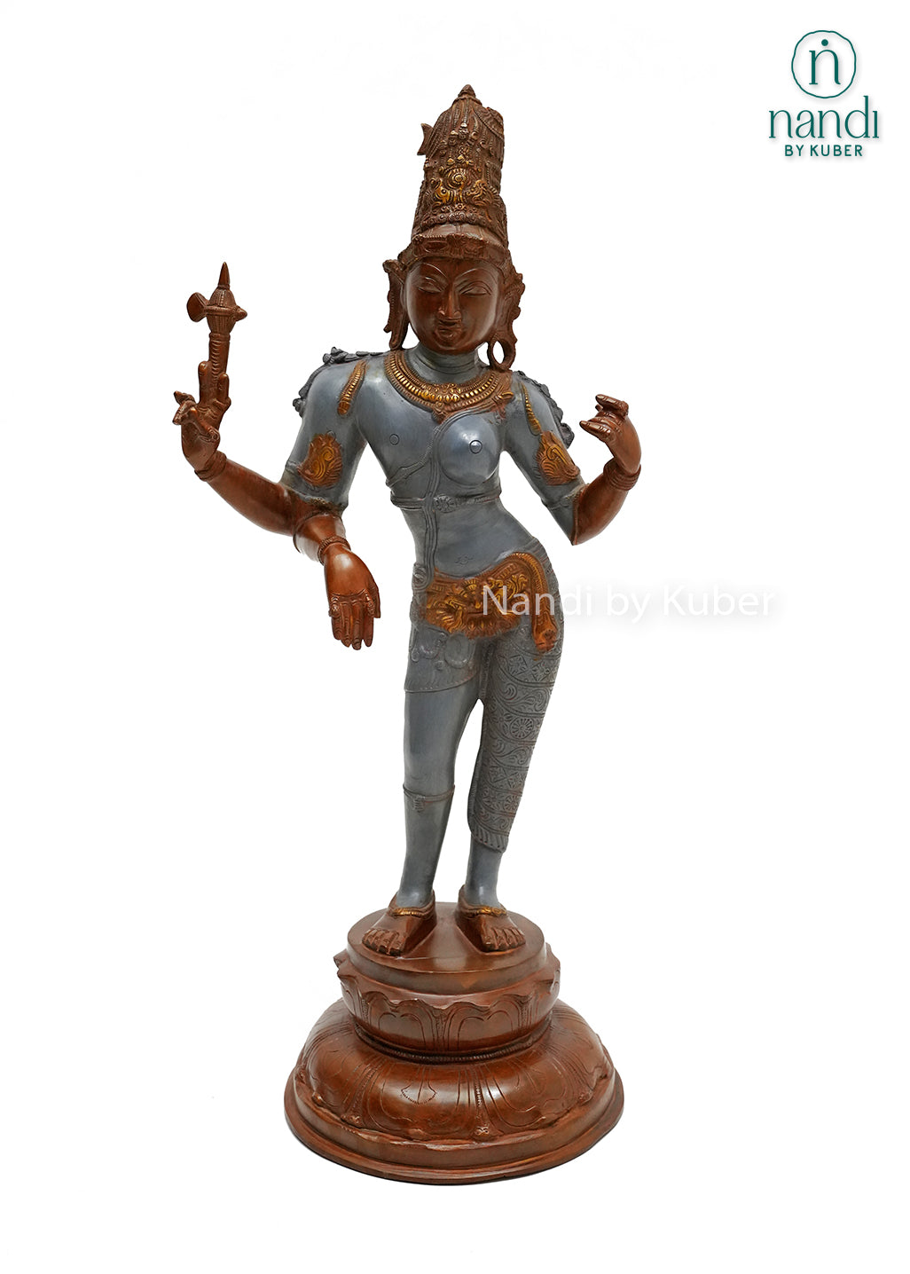 Antique-finish Ardhanarishvara statue symbolizing balance, unity, and divine harmony through exquisite traditional craftsmanship.