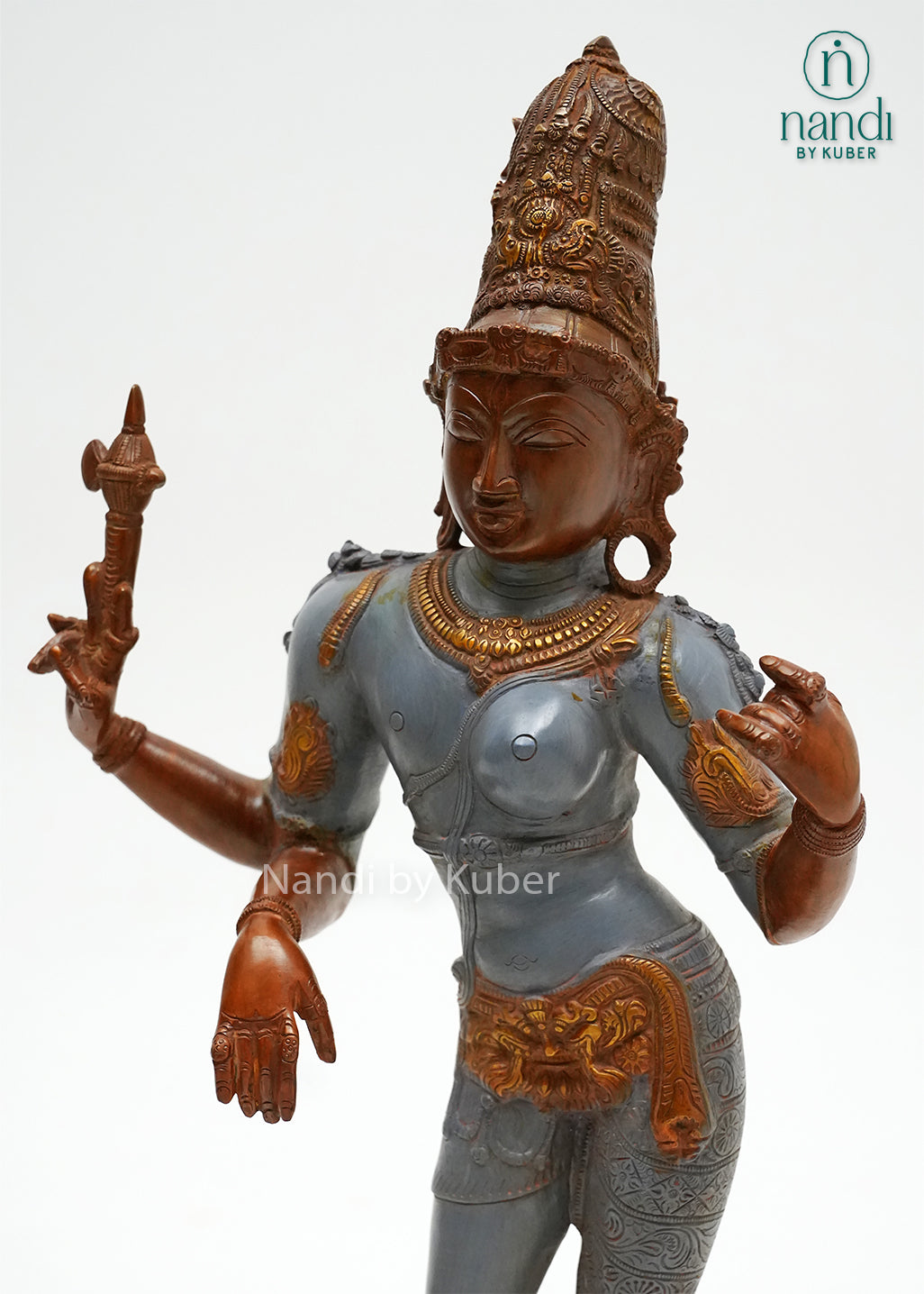 Antique-finish Ardhanarishvara statue symbolizing balance, unity, and divine harmony through exquisite traditional craftsmanship.