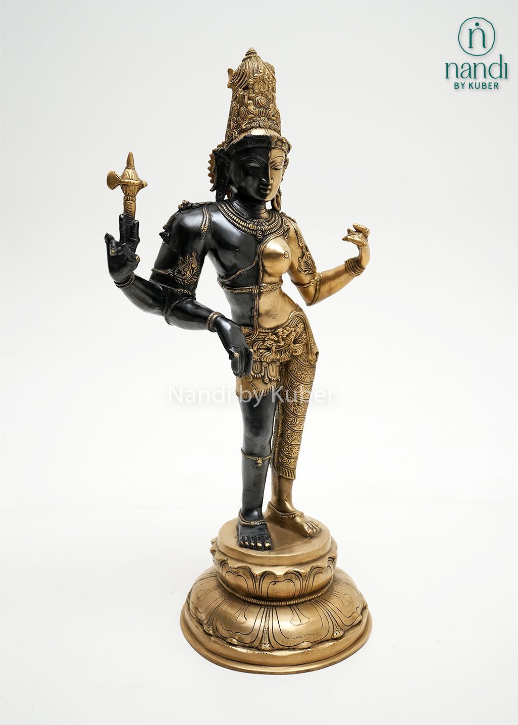 Decorative Ardhanarishvara statue with elegant dual-tone detailing, symbolizing balance, unity, harmony, and divine energy.