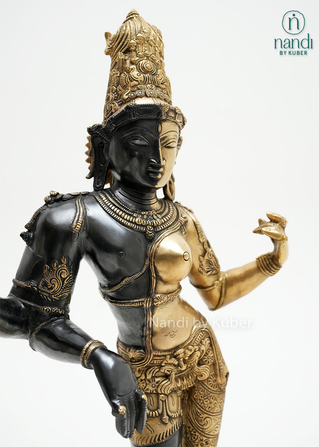 Decorative Ardhanarishvara statue with elegant dual-tone detailing, symbolizing balance, unity, harmony, and divine energy.