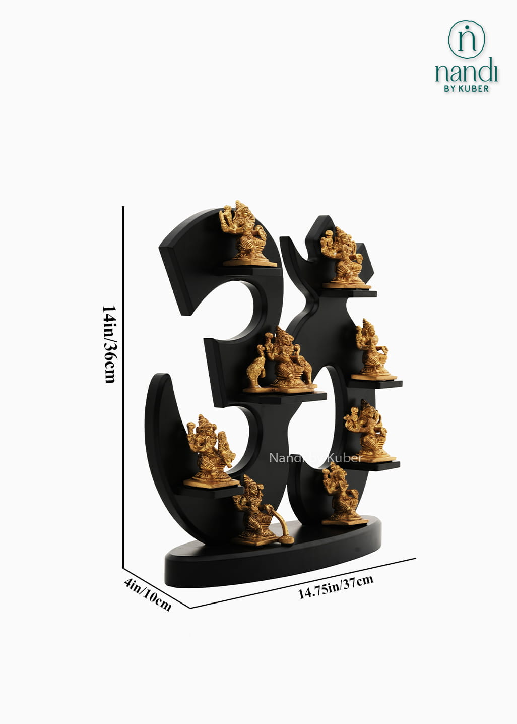 Decorative Ashtalakshmi brass figurine set on black Om symbol display stand