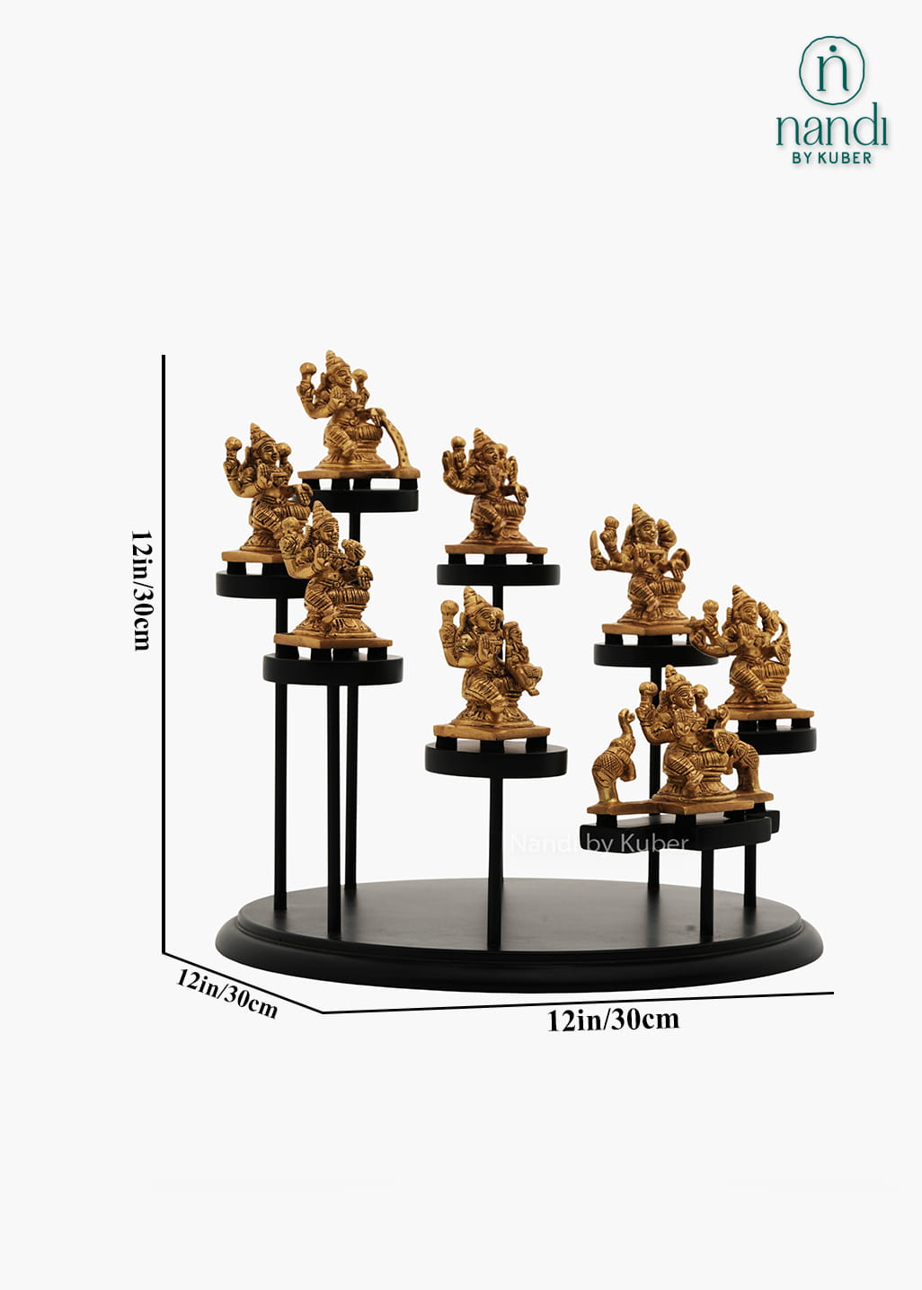 Decorative brass Ashtalakshmi idol set displayed on a tiered round stand