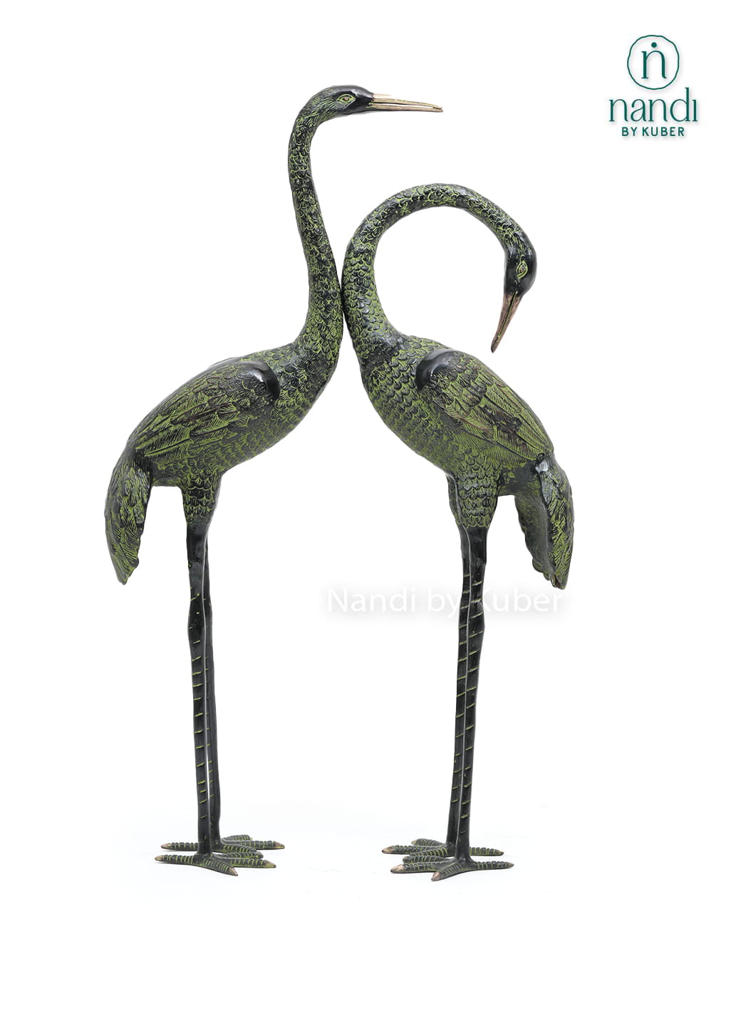 Set of two green and black brass crane bird statues for home decor