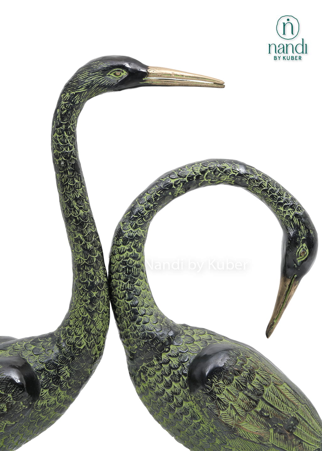 Set of two green and black brass crane bird statues for home decor
