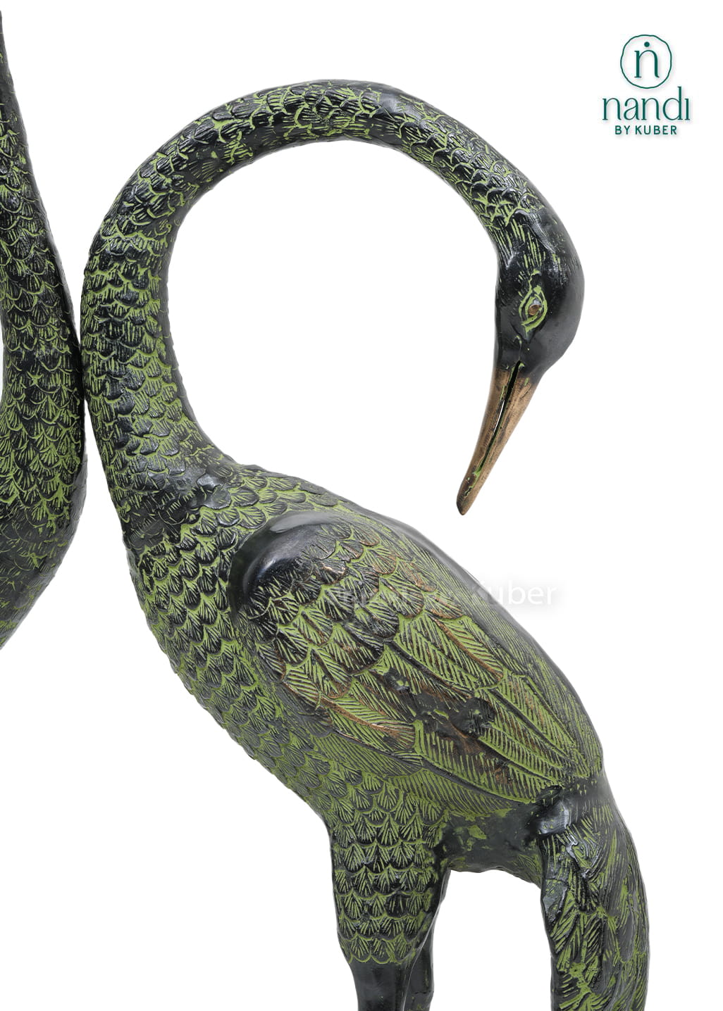 Set of two green and black brass crane bird statues for home decor