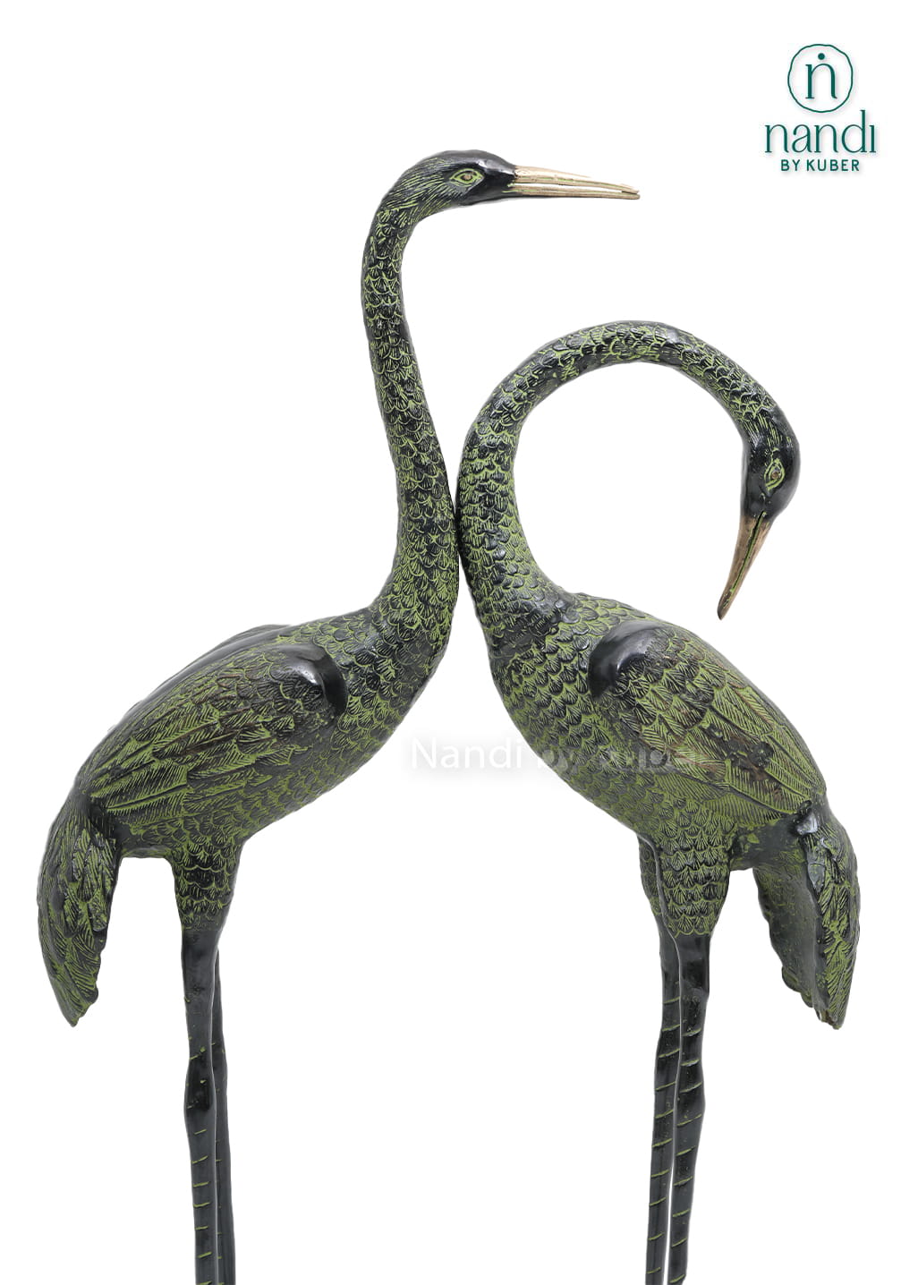 Set of two green and black brass crane bird statues for home decor