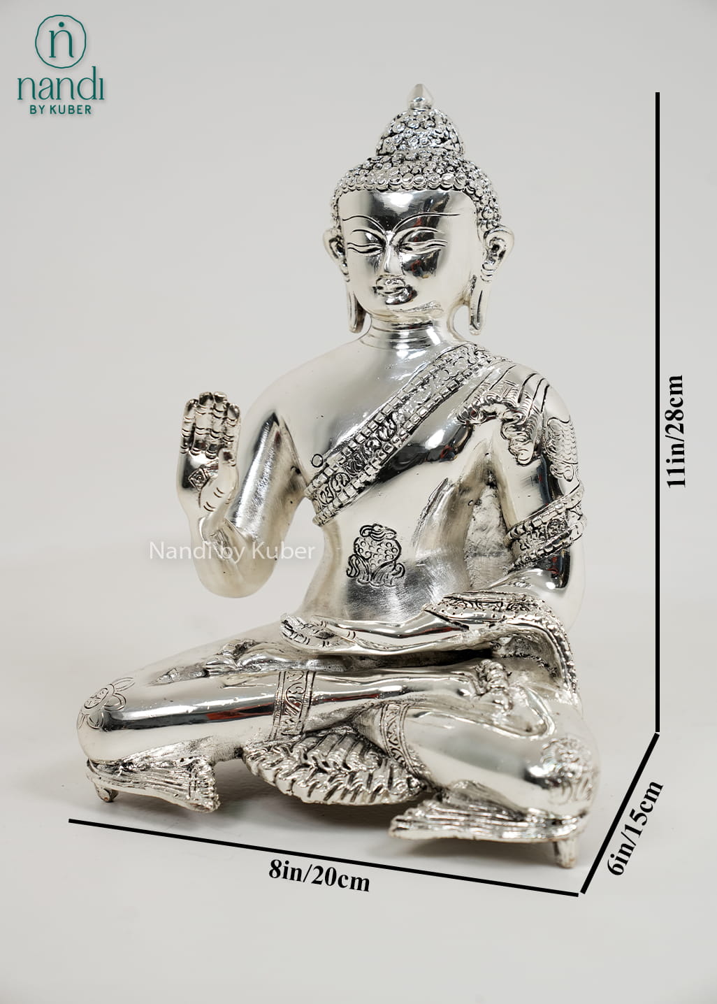Silver Buddha statue with Ashtamangala detailing