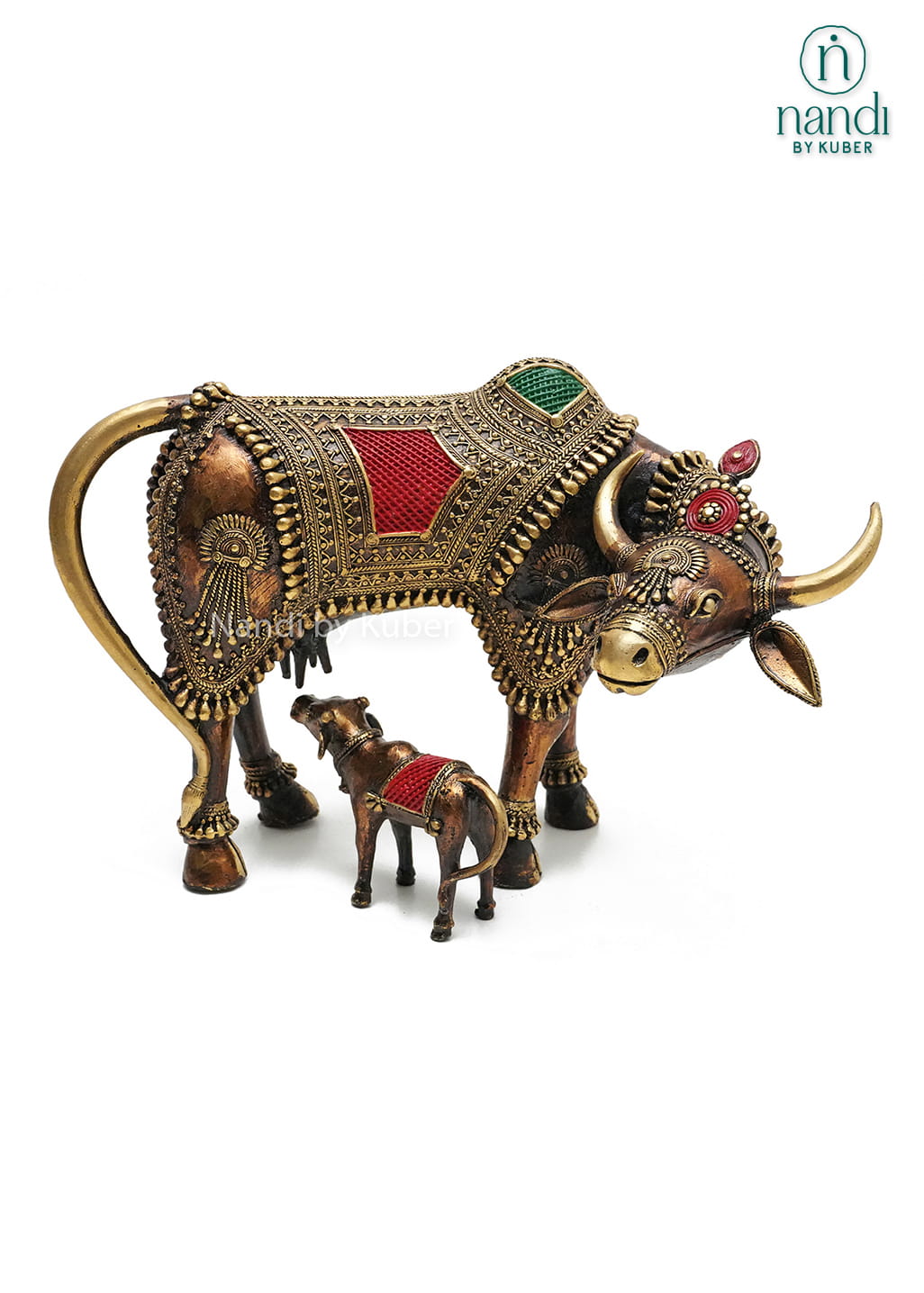 Decorative brass Cow and Calf statue with ornate detailing and colorful enamel work, symbolizing prosperity, nurturing, and divine blessings.