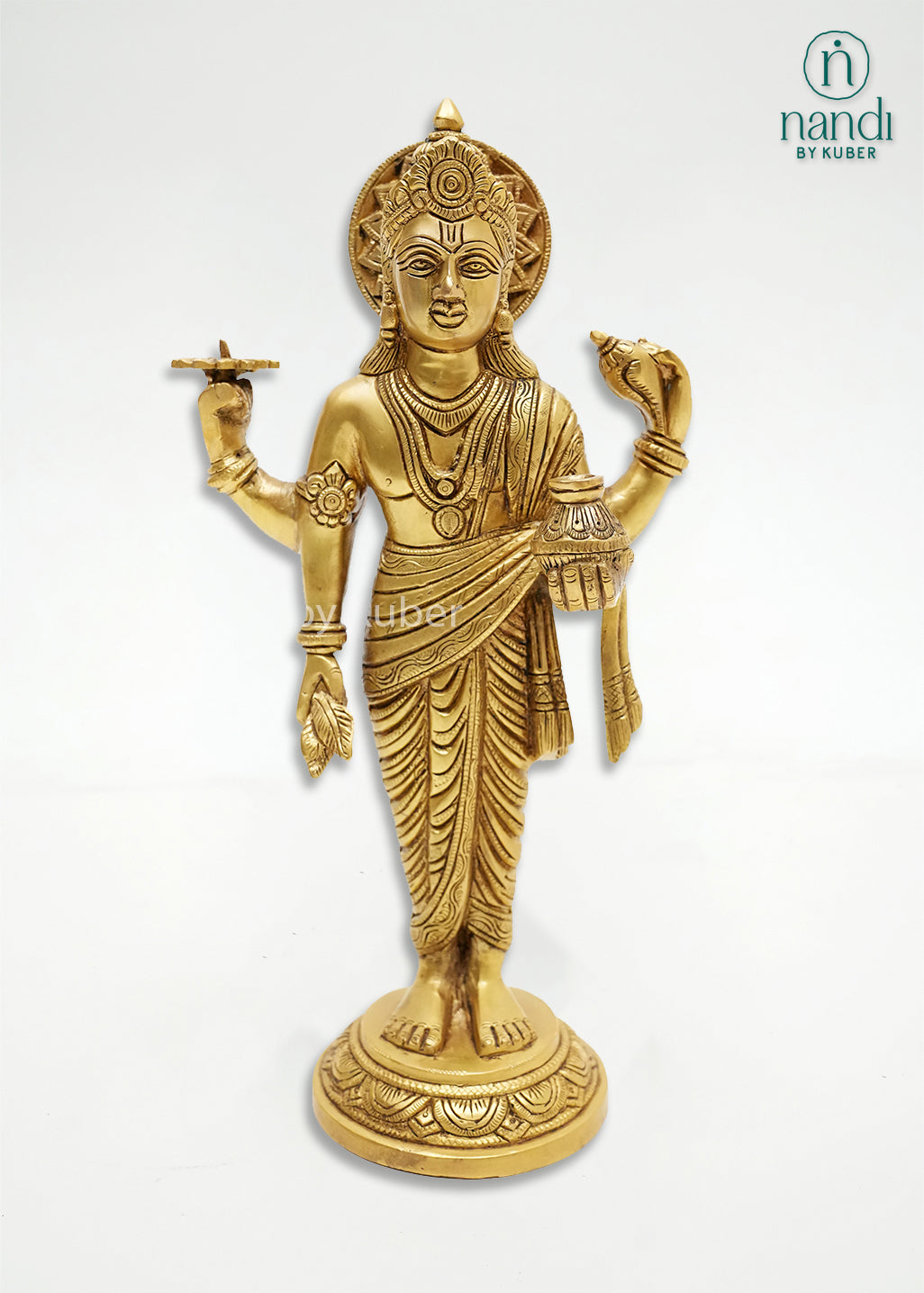 Handcrafted brass Dhanvantari idol with ornate gold finish, detailed robes, sacred symbols, and amrita kalash, ideal for pooja rooms, Ayurvedic healing spaces, temples, and spiritual home décor.