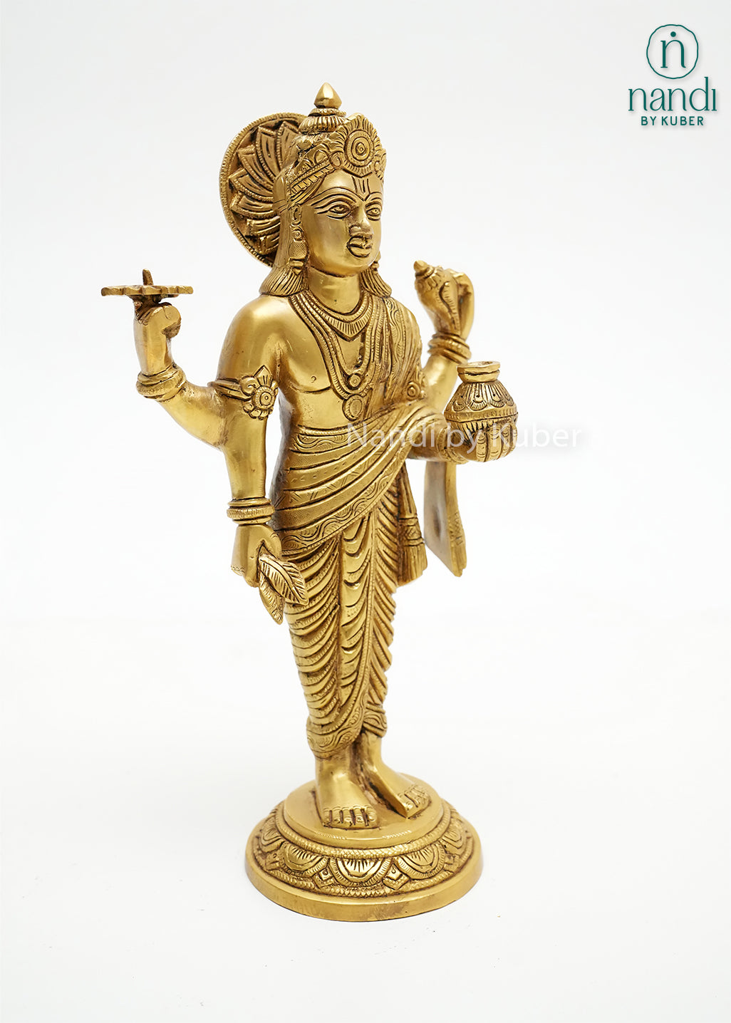 Handcrafted brass Dhanvantari idol with ornate gold finish, detailed robes, sacred symbols, and amrita kalash, ideal for pooja rooms, Ayurvedic healing spaces, temples, and spiritual home décor.